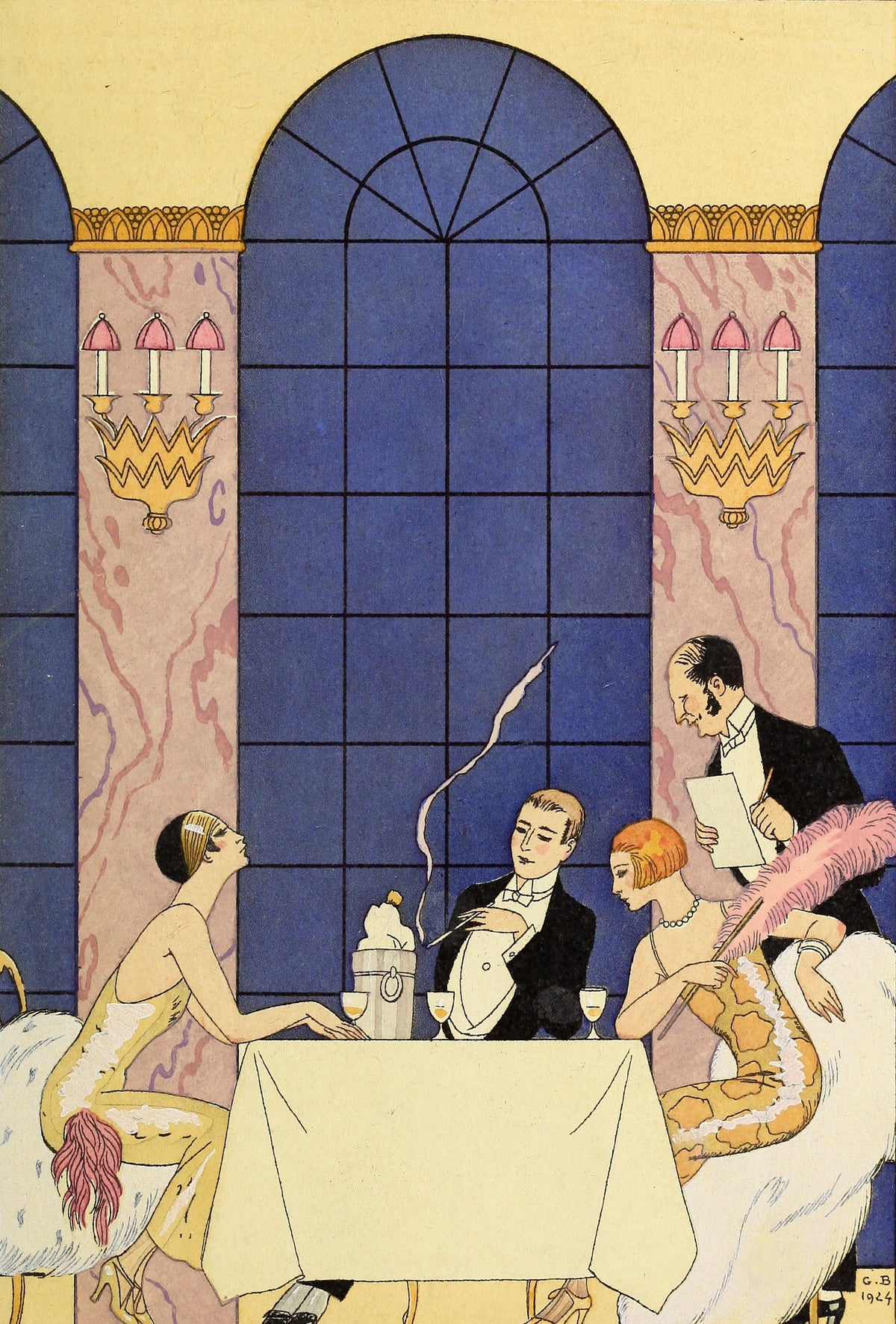 La Gourmandise [Gluttony] by George Barbier — Diners share champagne at a restaurant beneath arched windows