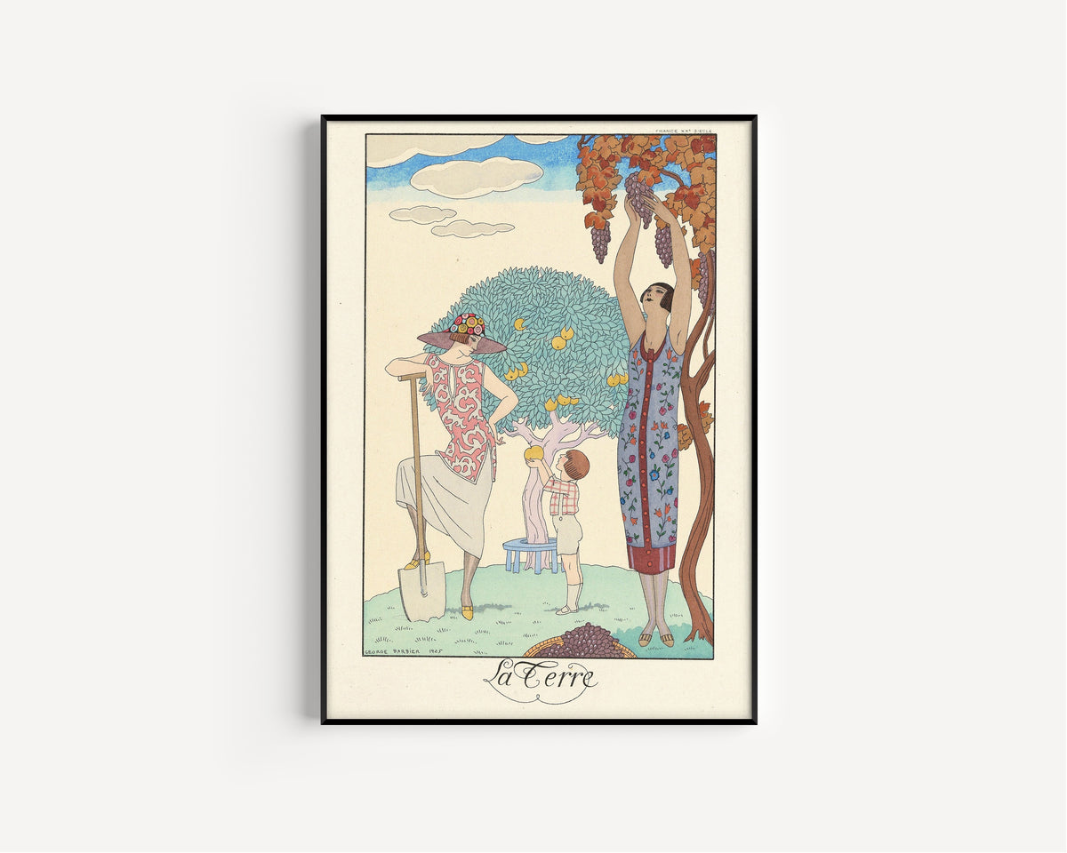 La Terre by George Barbier — in a slim black frame on a plain white wall