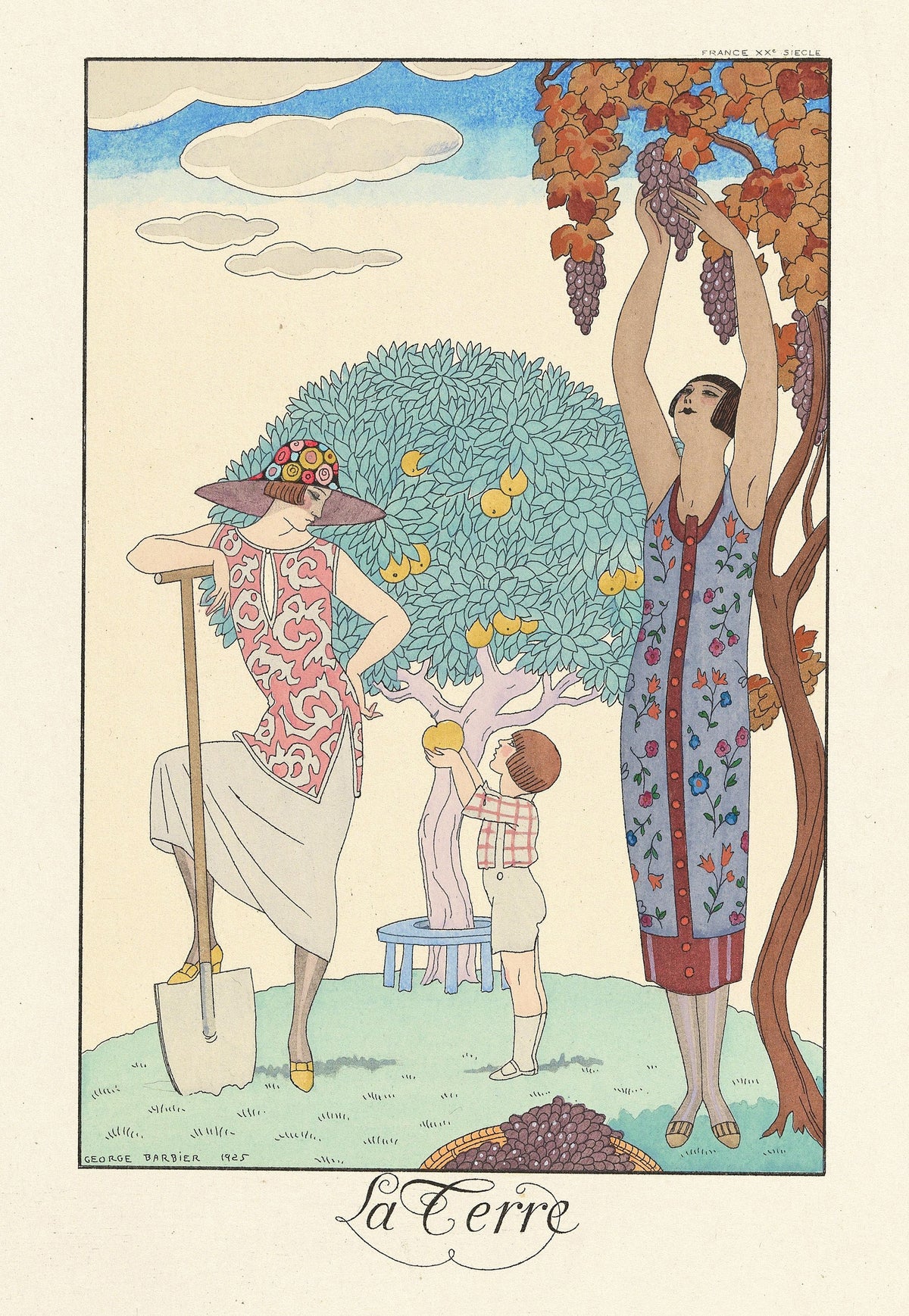 La Terre by George Barbier — Two women and a boy gather grapes and fruit from garden trees