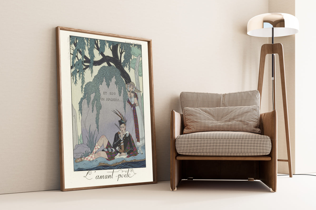 L'Amant poète by George Barbier — framed and leaning against a wall beside an armchair and a floor lamp