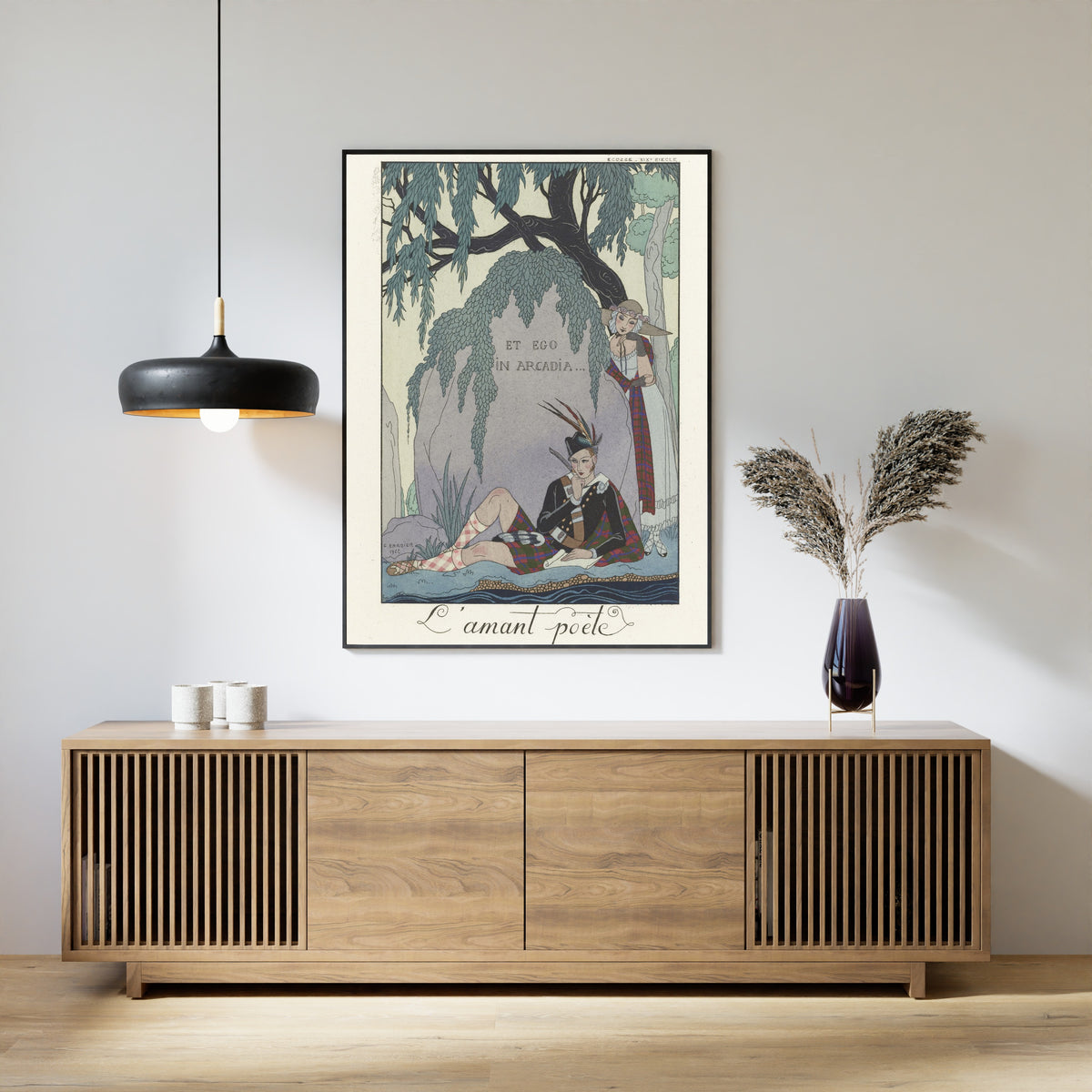 L'Amant poète by George Barbier — framed above a slatted wood sideboard