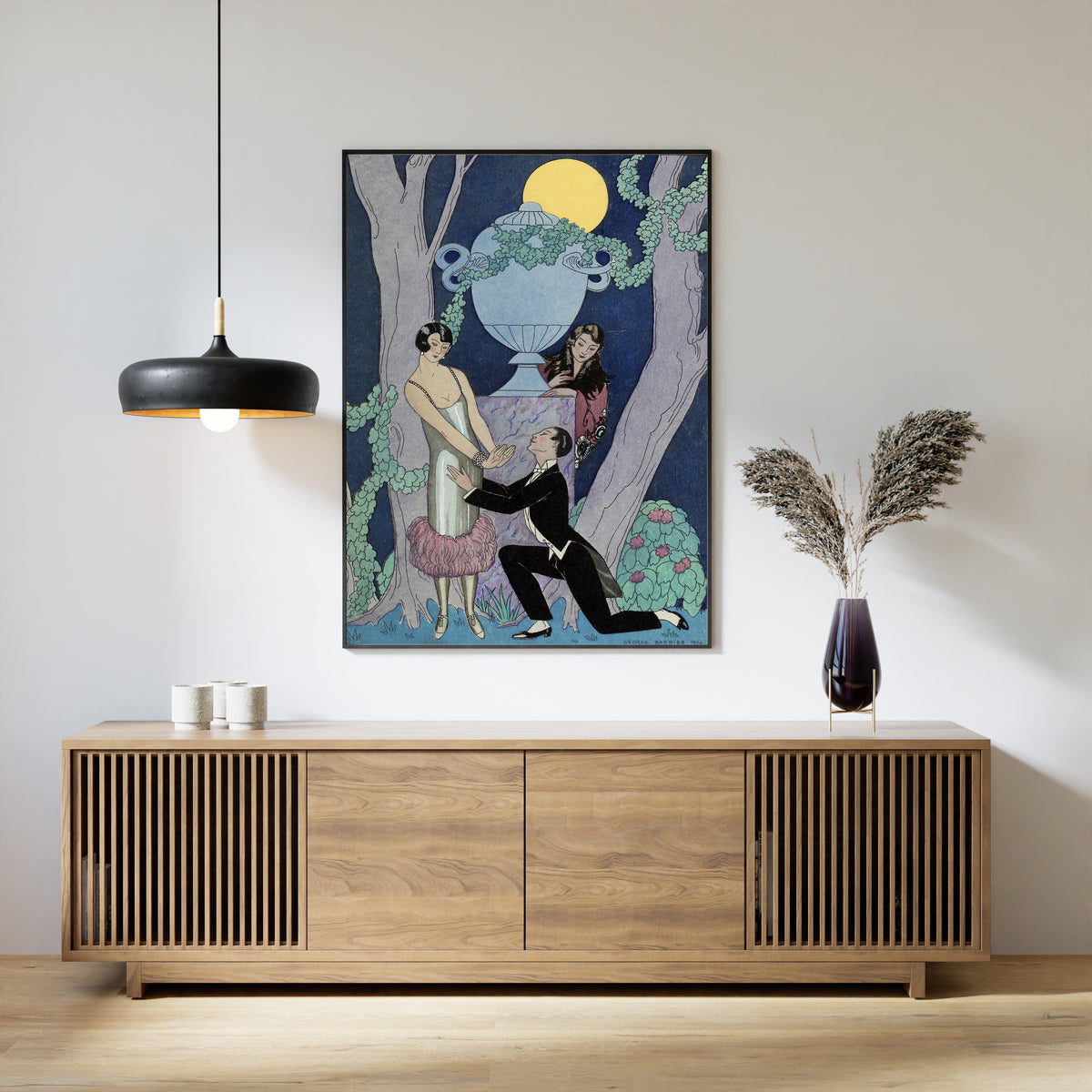 L'Avarice [Avarice] by George Barbier — framed above a slatted wood sideboard
