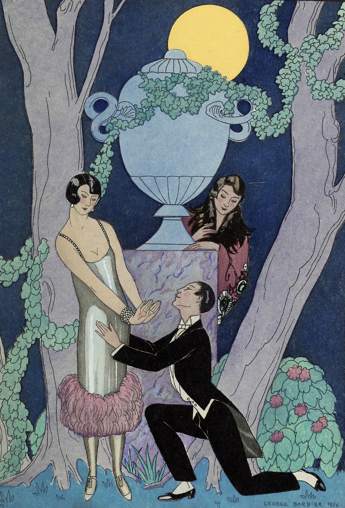 L'Avarice [Avarice] by George Barbier — A moonlit urn presides over a kneeling suitor and a watching woman