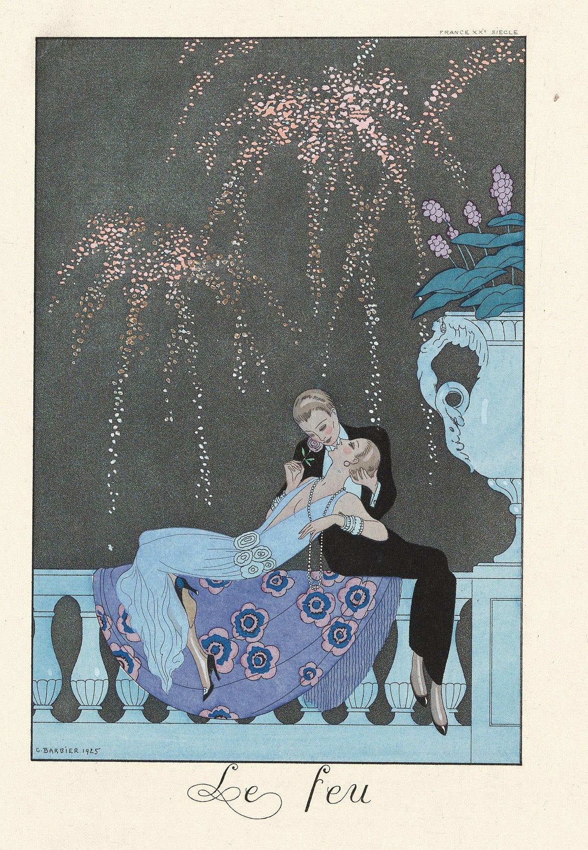 Le Feu by George Barbier — A couple embraces on a balustrade as pink sparks shower the night sky