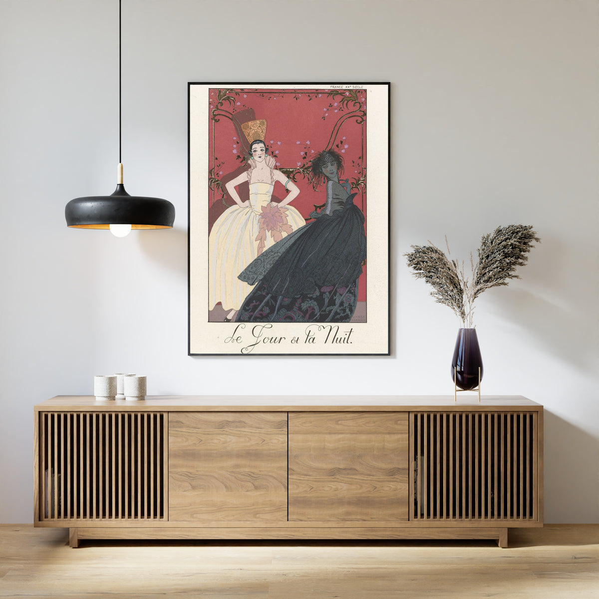 Le Jour et la Nuit by George Barbier — framed above a slatted wood sideboard
