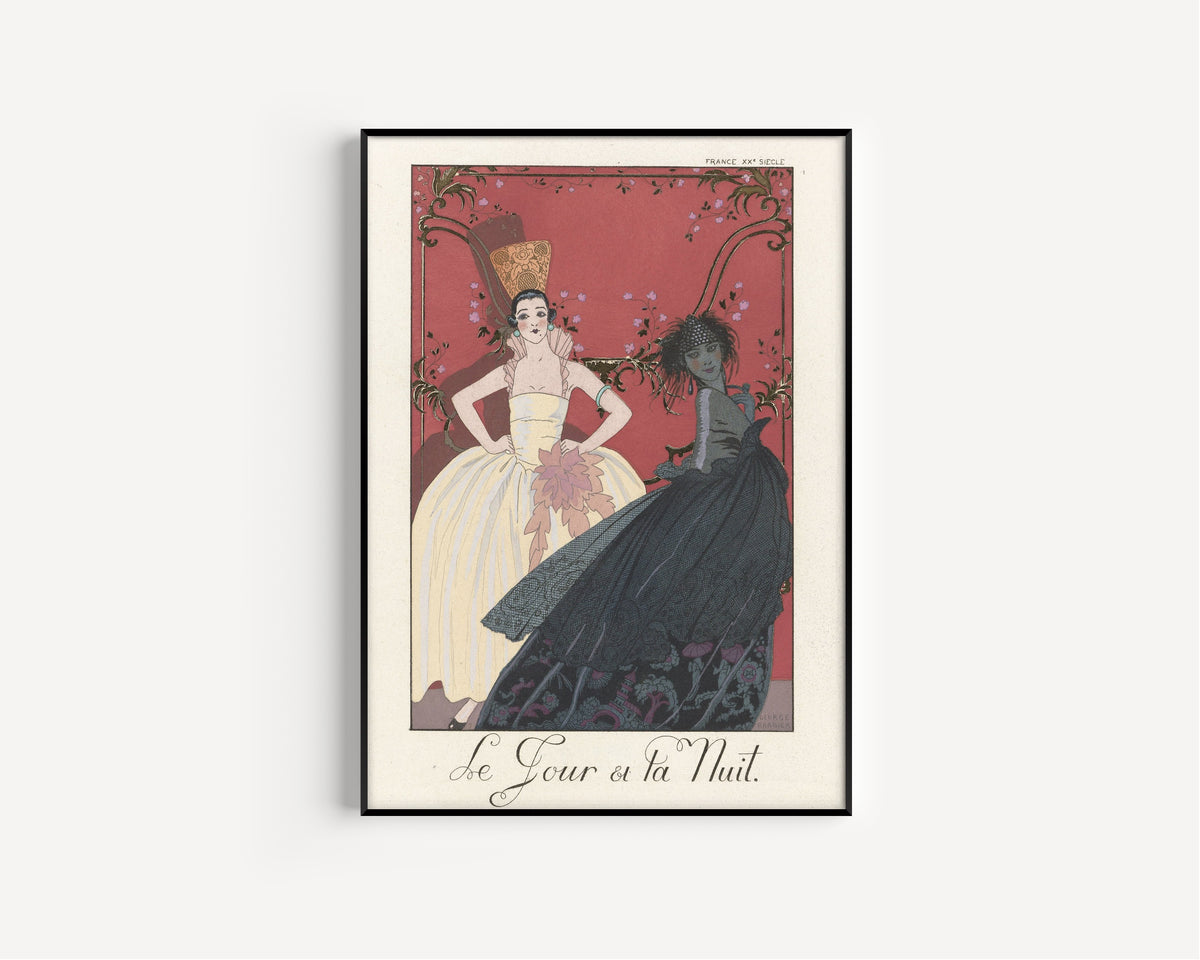 Le Jour et la Nuit by George Barbier — in a slim black frame on a plain white wall