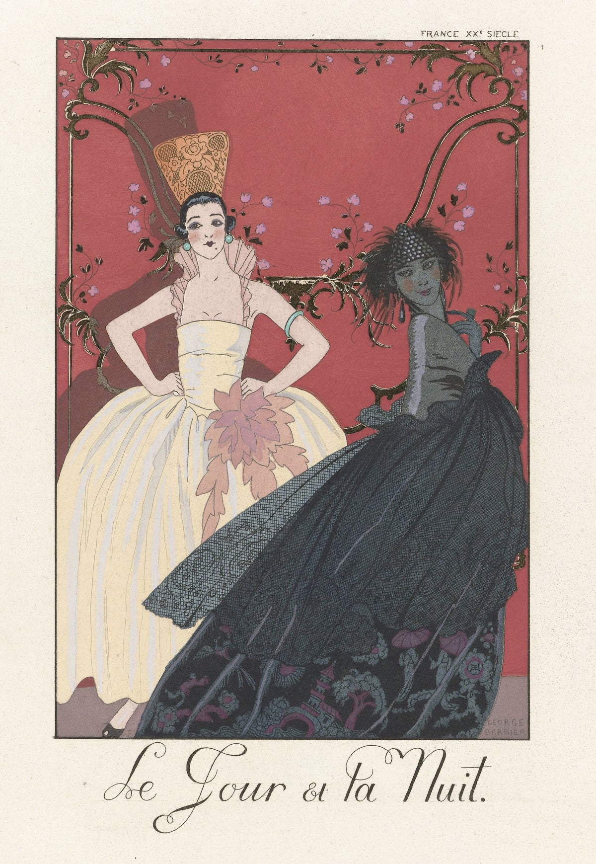 Le Jour et la Nuit by George Barbier — A cream ball gown and a midnight-blue gown pose against a red ground