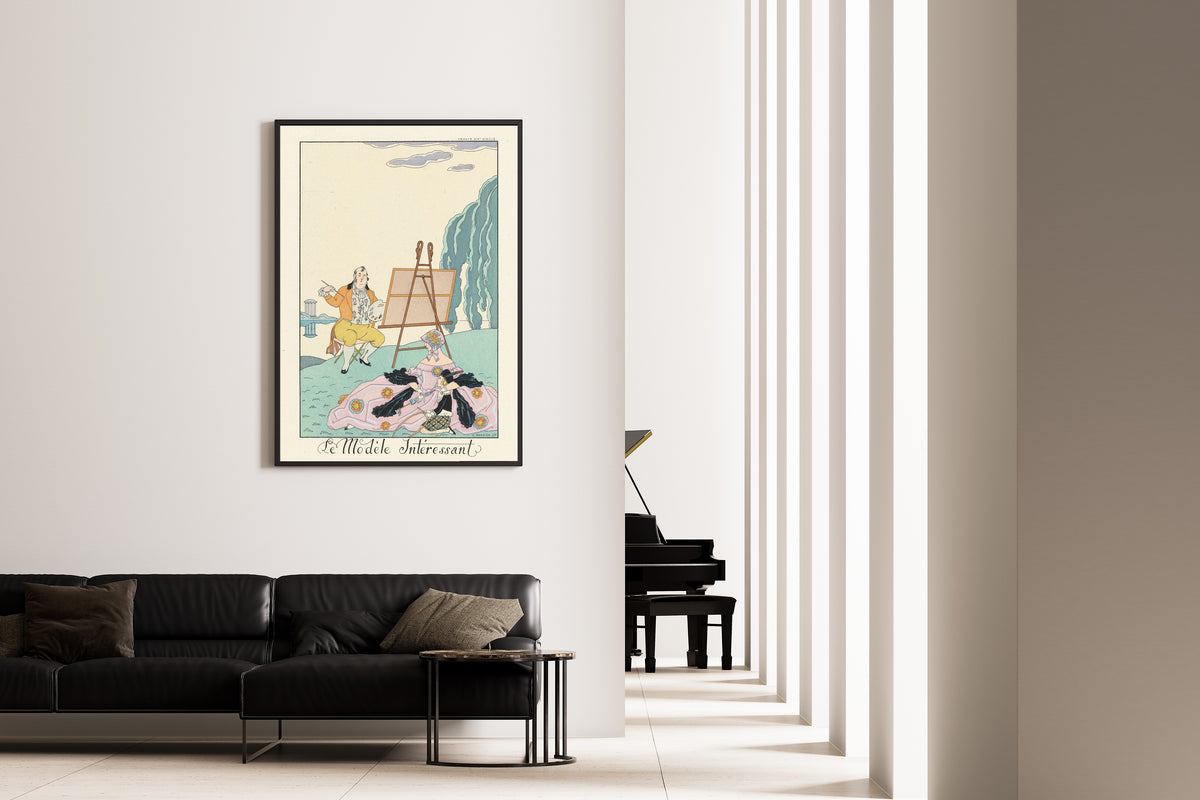 Le Modèle intéressant by George Barbier — framed on the wall of a minimal living room