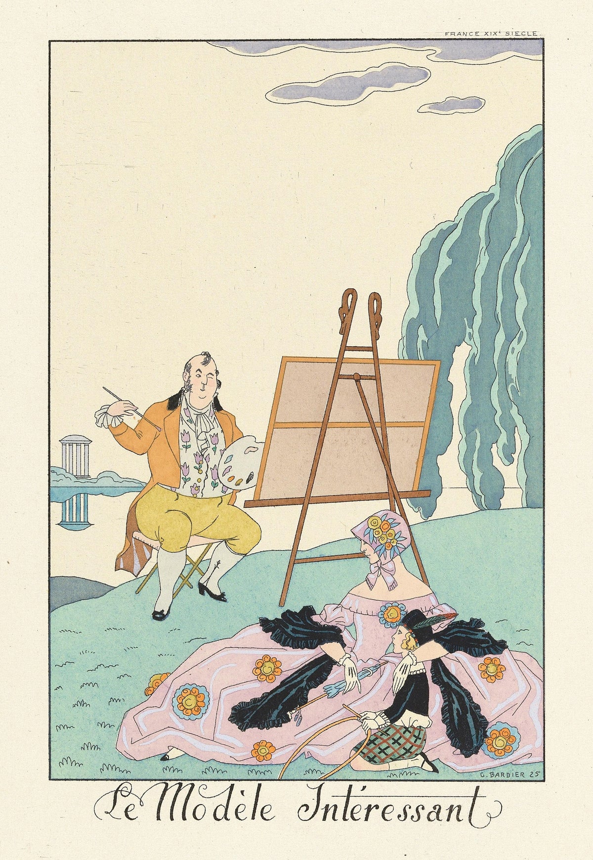 Le Modèle intéressant by George Barbier — A painter at his easel gazes past the canvas at his model
