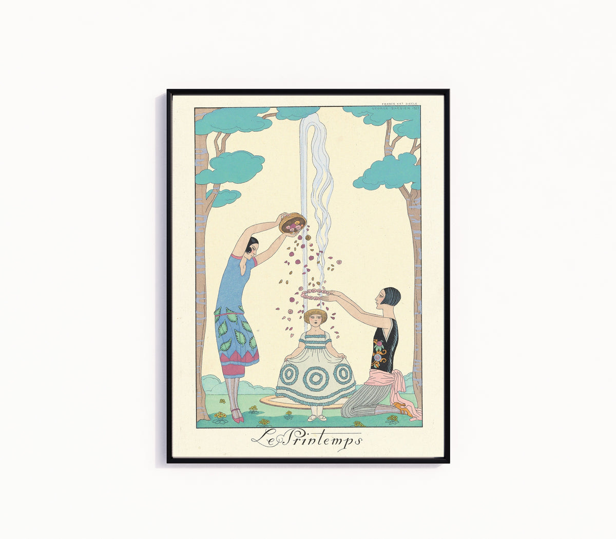 Framed art print of Le Printemps [Spring] by George Barbier, in a slim black frame on a plain white wall