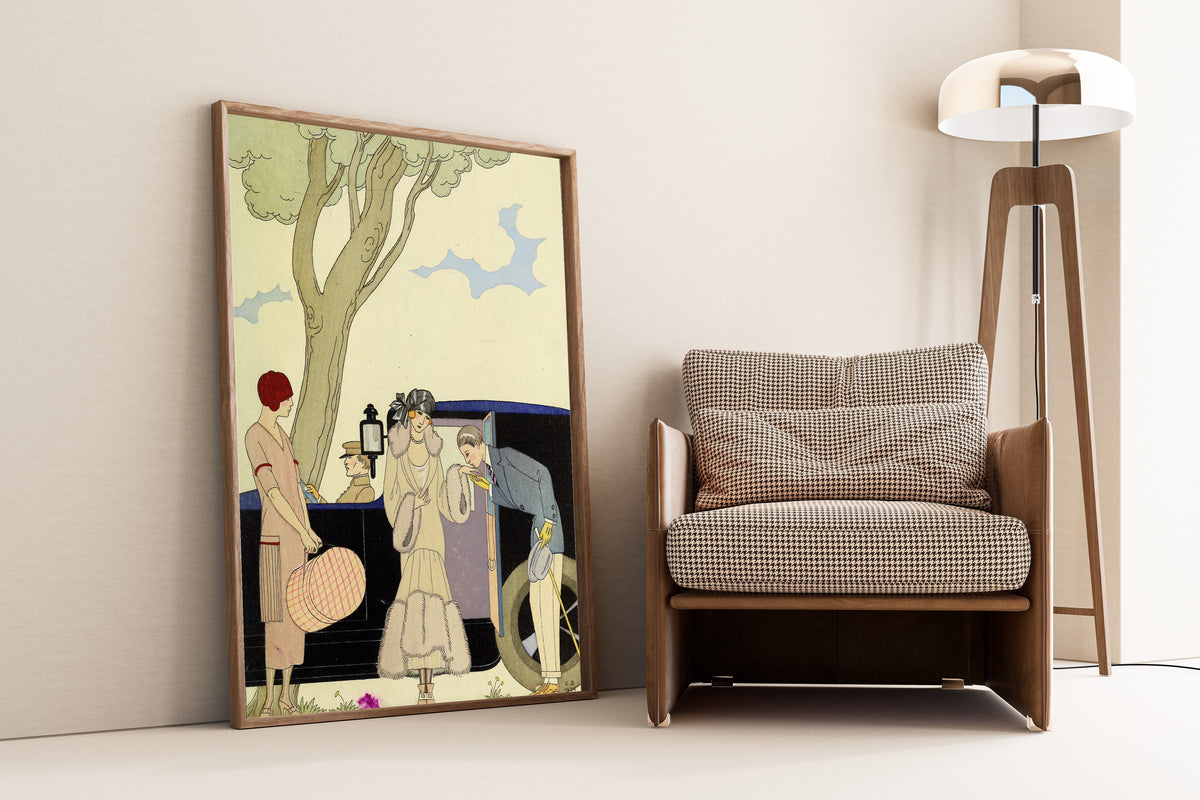 L'Envie [Envy] by George Barbier — framed and leaning against a wall beside an armchair and a floor lamp