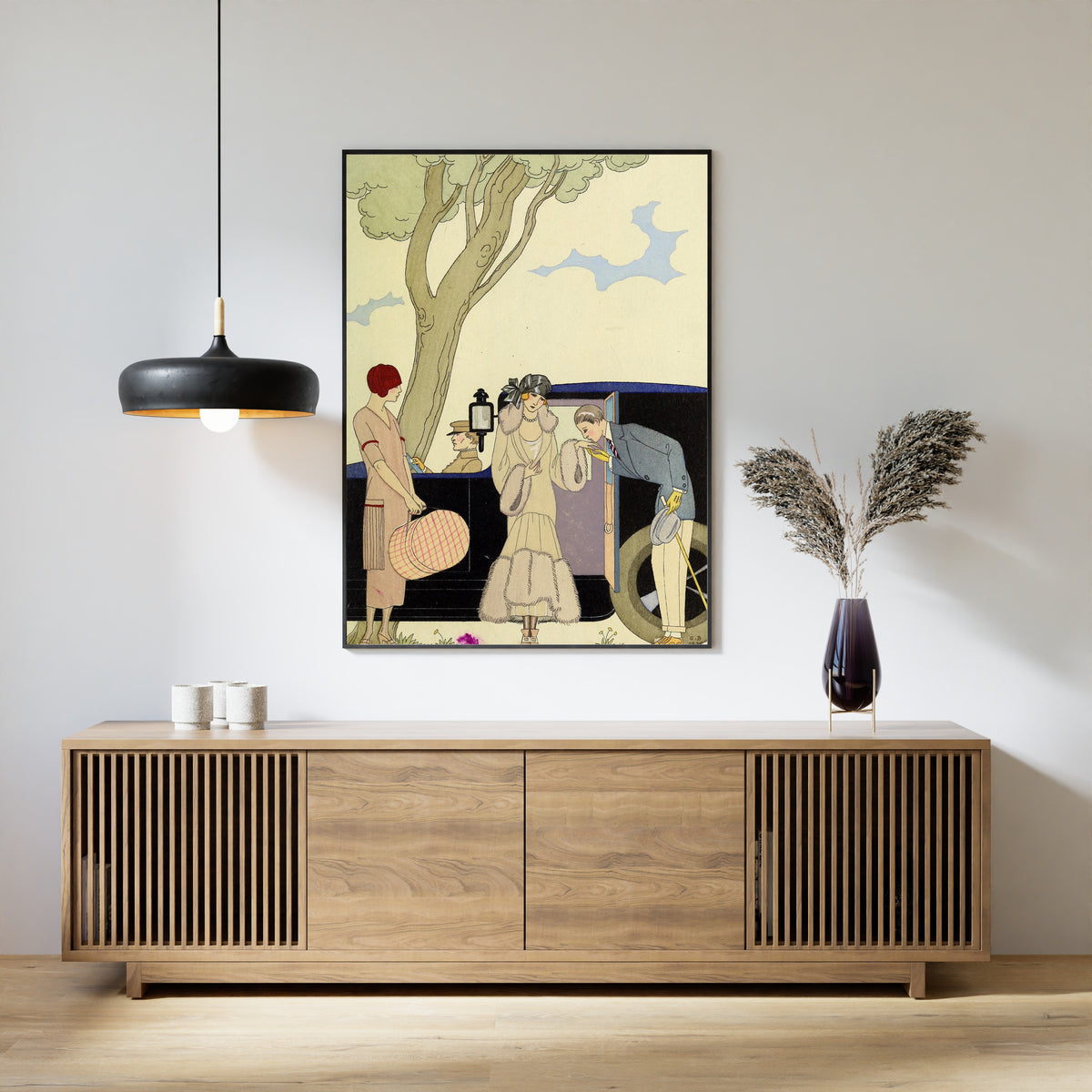 L'Envie [Envy] by George Barbier — framed above a slatted wood sideboard