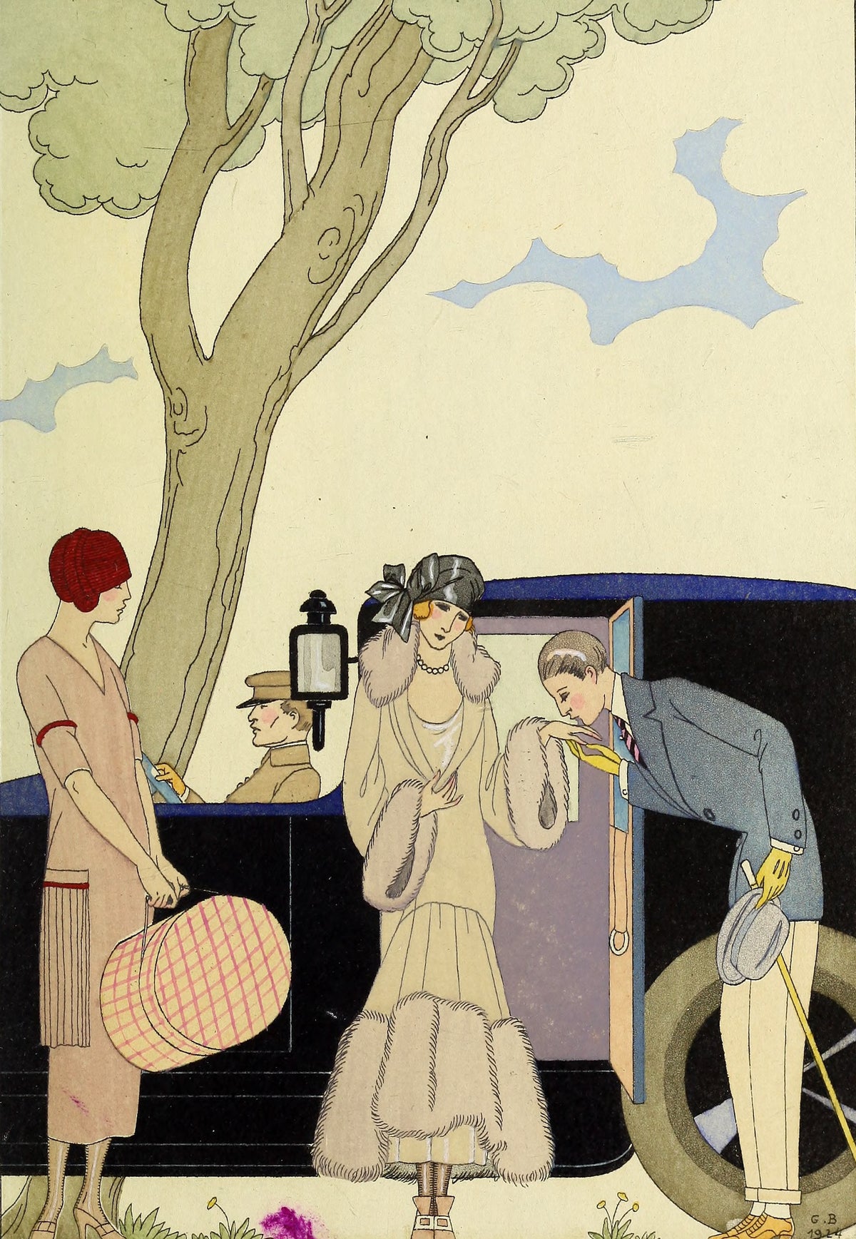 L'Envie [Envy] by George Barbier — A fur-trimmed traveller has her hand kissed beside a waiting motorcar