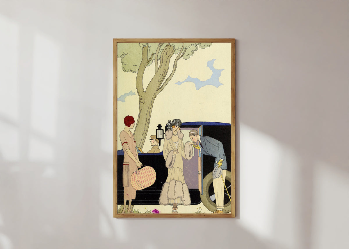 Framed art print of L'Envie [Envy] by George Barbier, in a light wood frame on a sunlit white wall