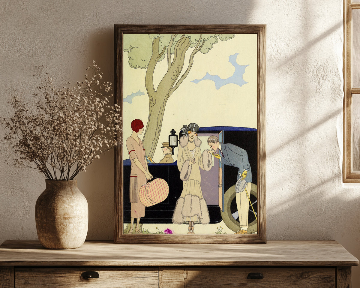Framed art print of L'Envie [Envy] by George Barbier, in a dark wood frame leaning on a rustic console beside dried flowers