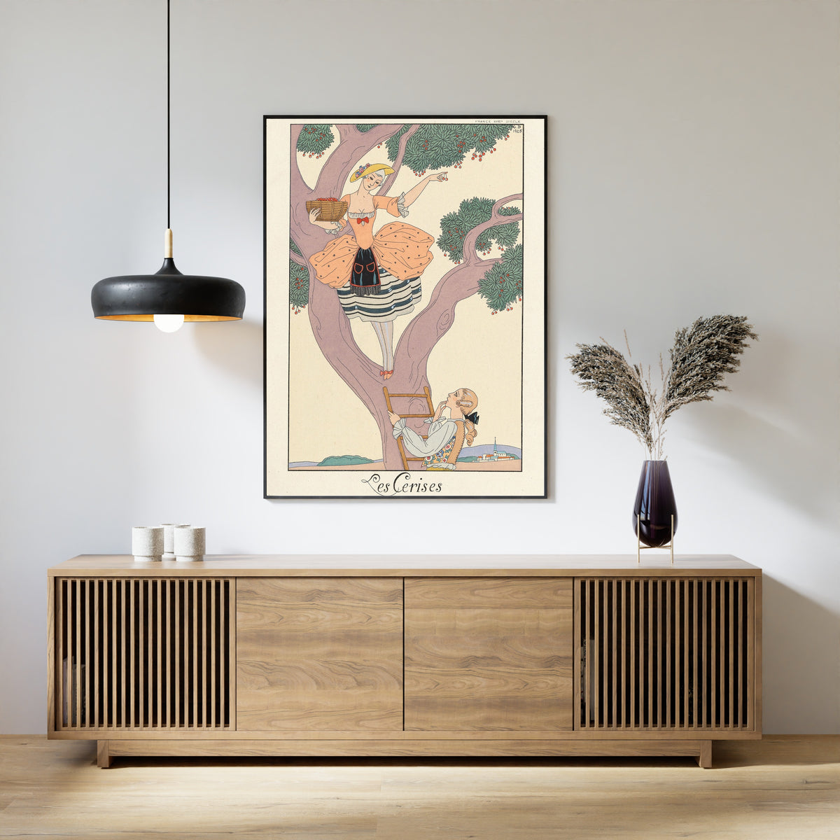 Les Cerises by George Barbier — framed above a slatted wood sideboard