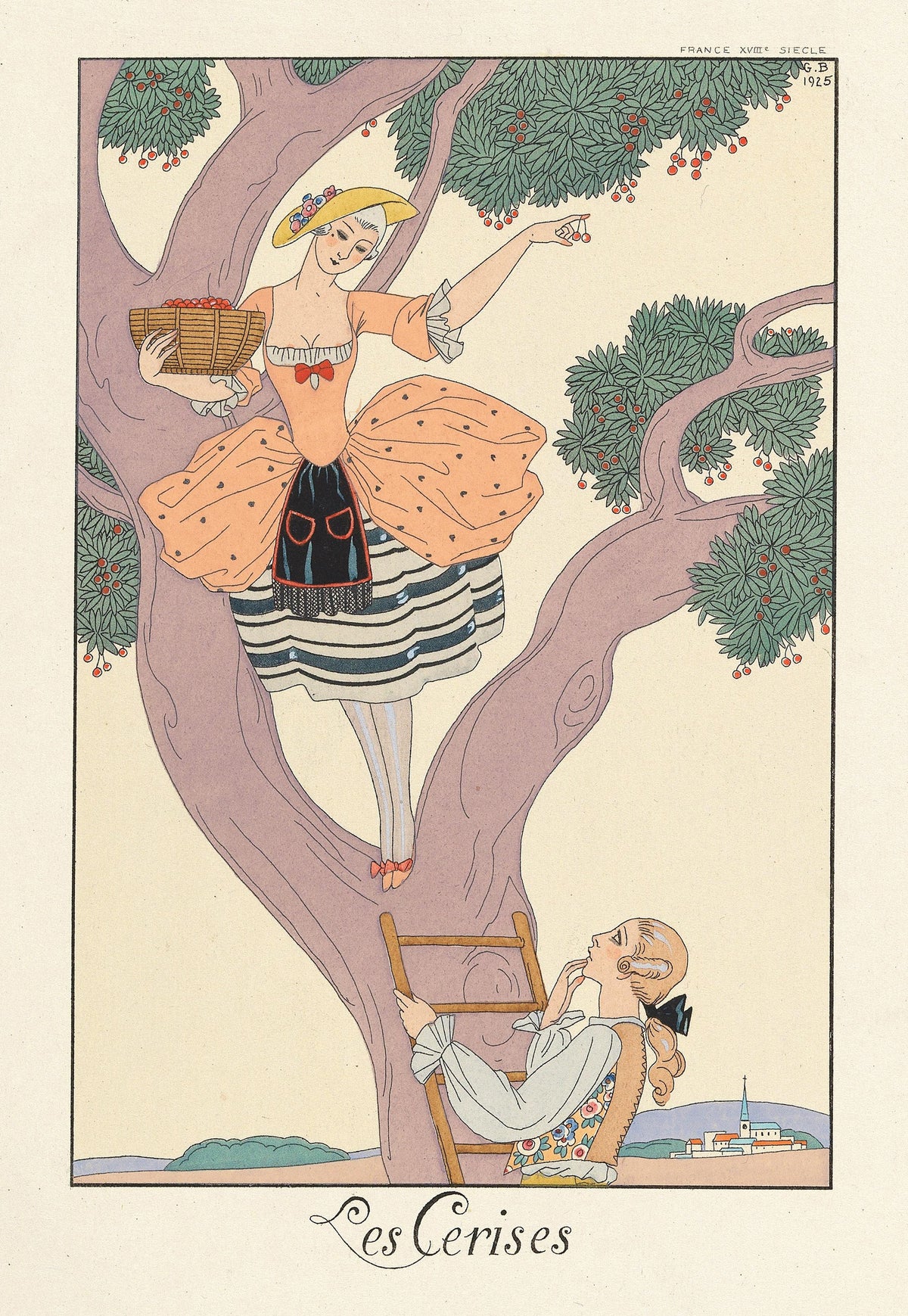 Les Cerises by George Barbier — A cherry-picker in a straw hat stands in the tree above a companion
