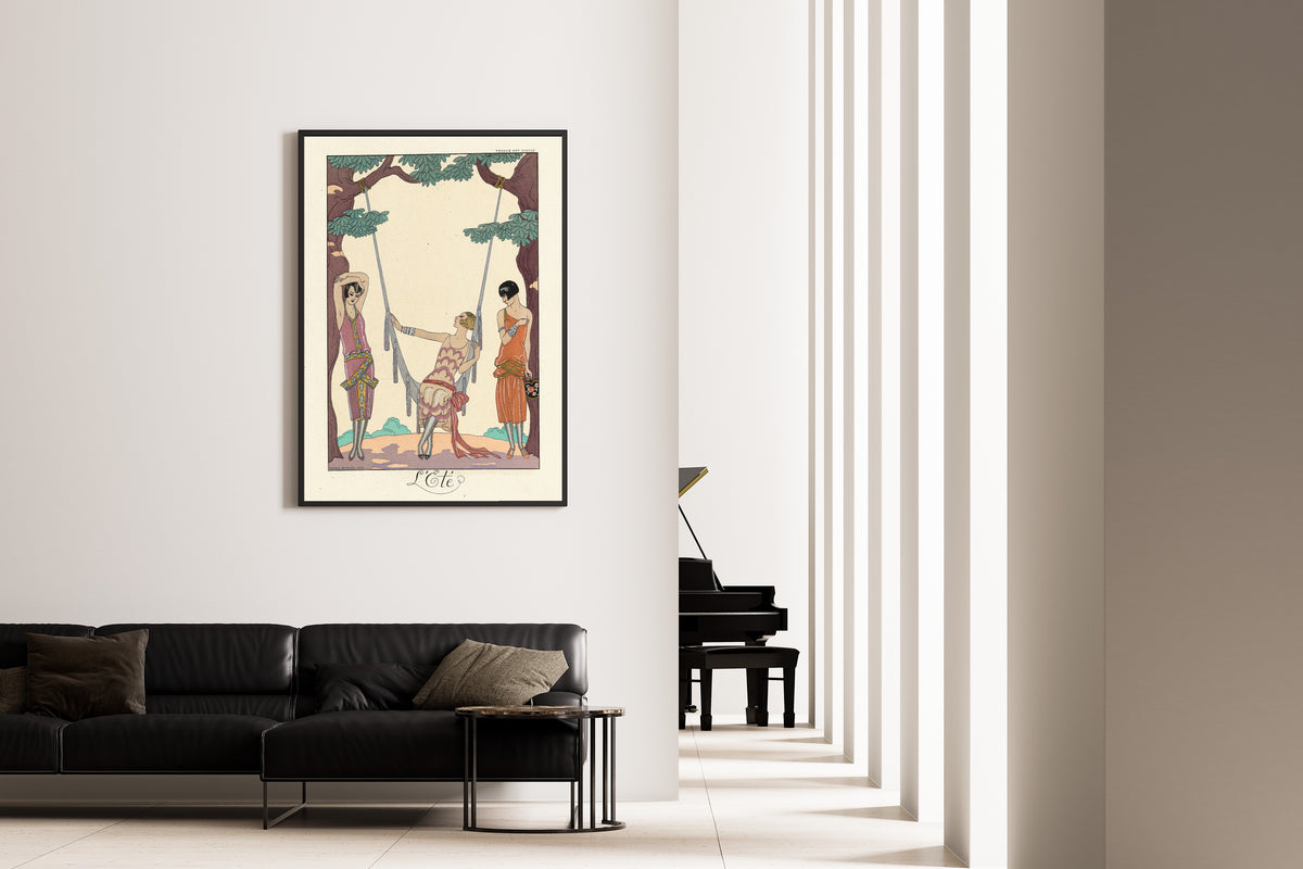 L'Été by George Barbier — framed on the wall of a minimal living room