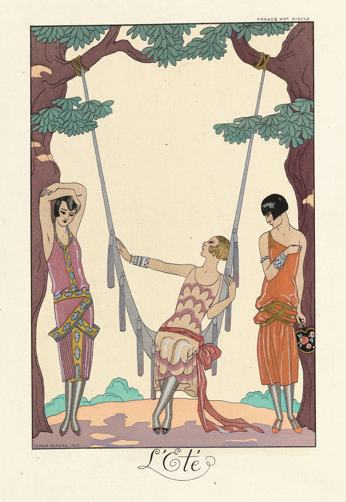 L'Été by George Barbier — Three women gather at a tasselled rope swing between two trees