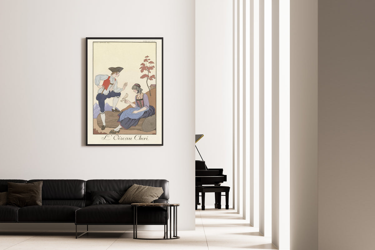 L'Oiseau Chéri by George Barbier — framed on the wall of a minimal living room