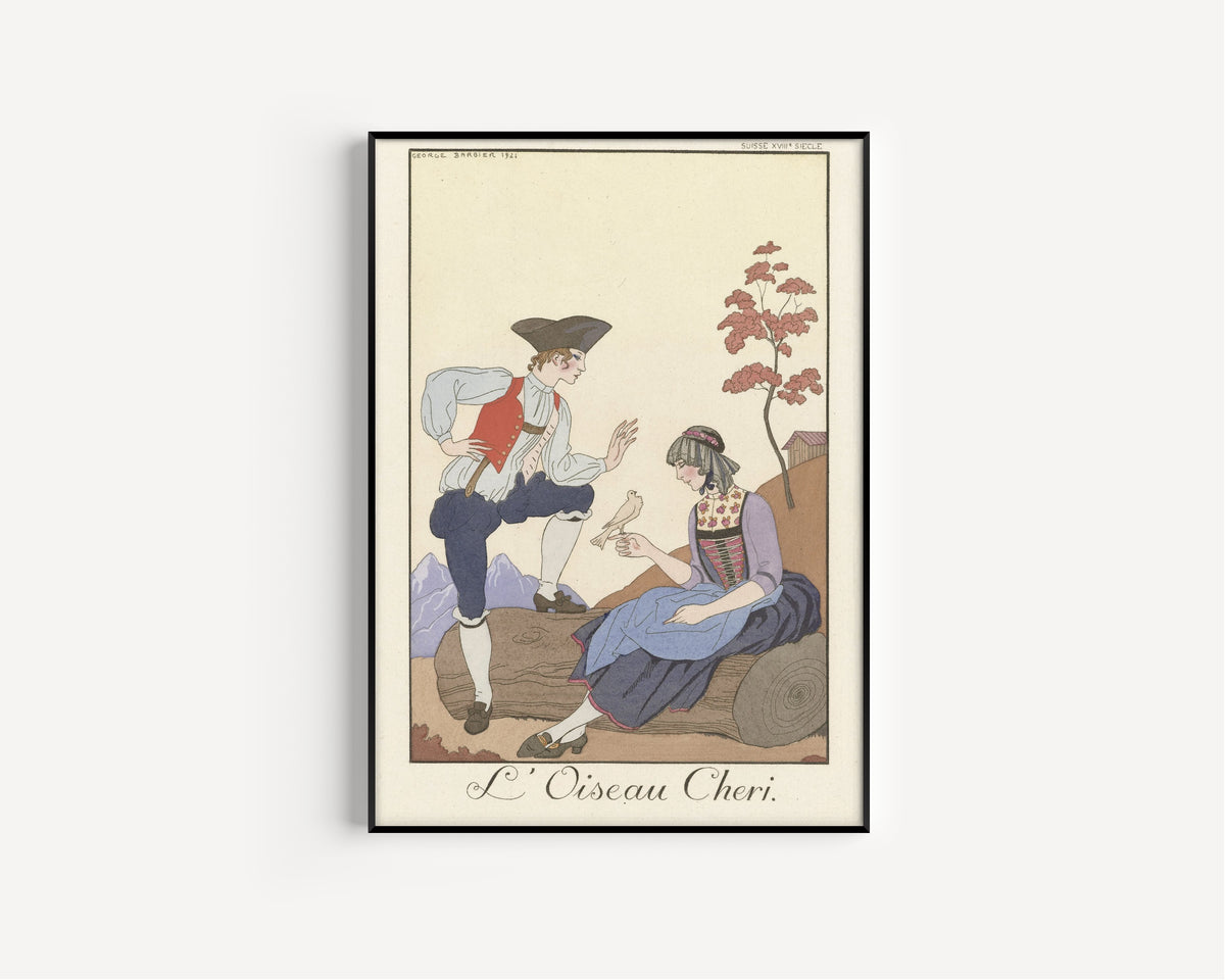 L'Oiseau Chéri by George Barbier — in a slim black frame on a plain white wall