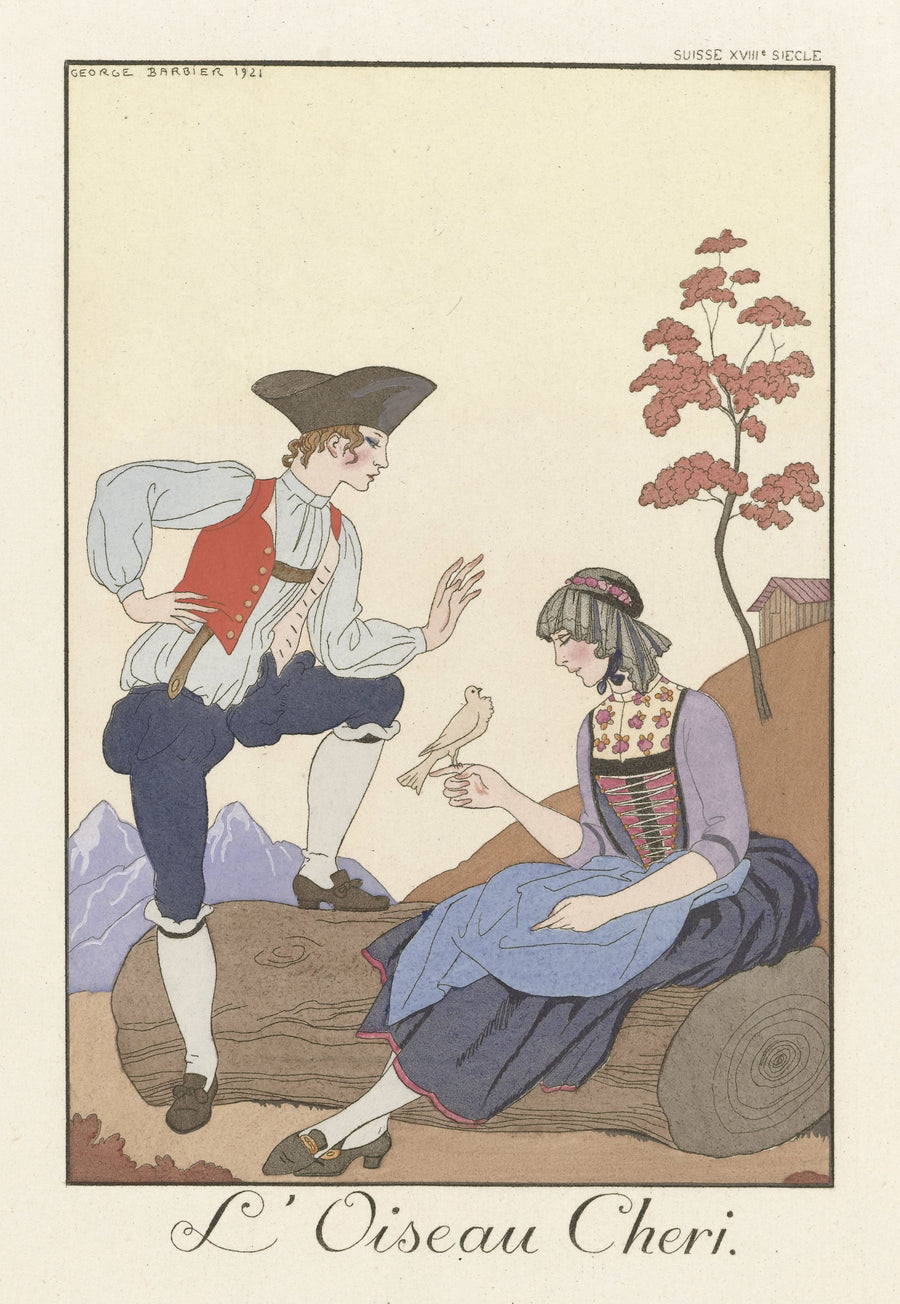 George Barbier — L'Oiseau Chéri | Art Deco Fashion Print shown to scale on a wall above a sofa