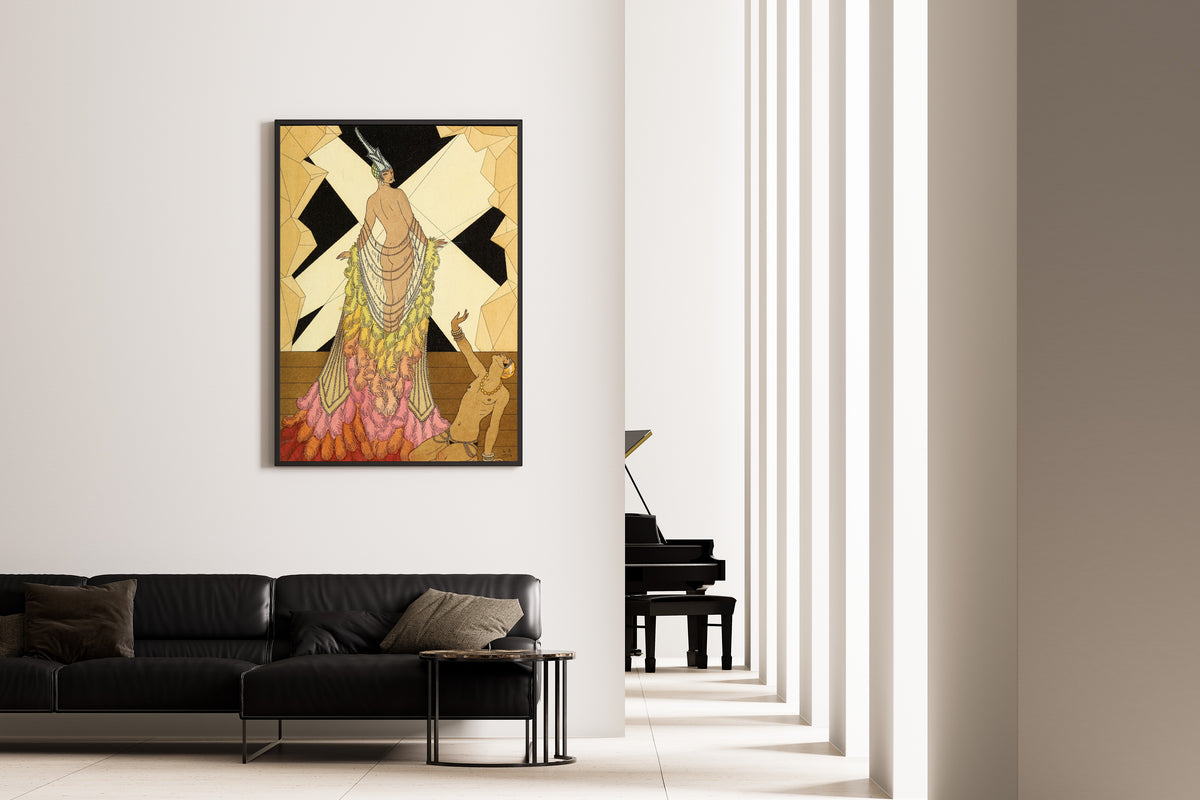 L'Orgueil [Pride] by George Barbier — framed on the wall of a minimal living room