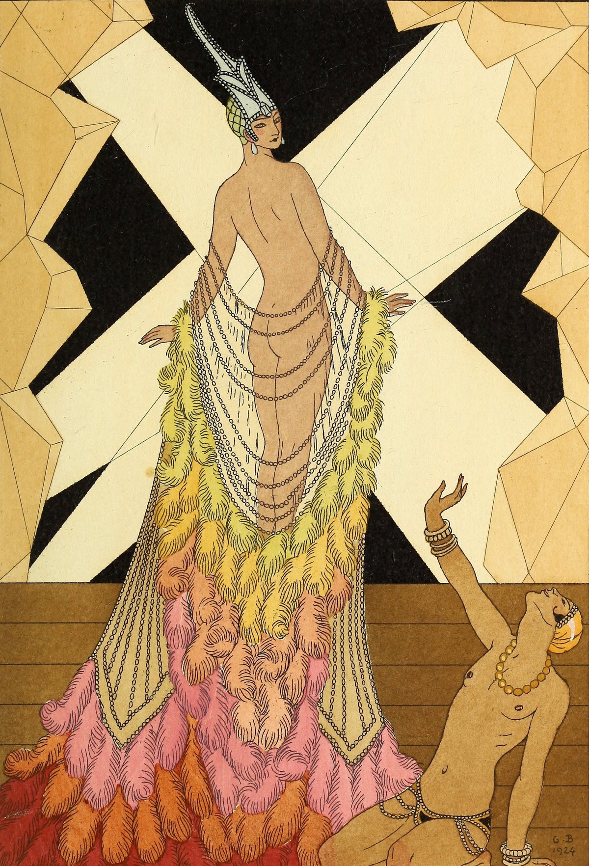 L'Orgueil [Pride] by George Barbier — A pearl-draped figure in a feather train above a kneeling attendant