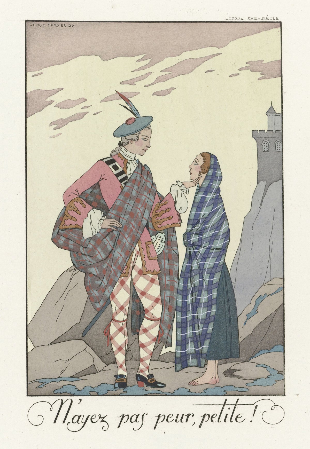 N'ayez pas peur, petite! by George Barbier — A tartan-clad man cups a barefoot young woman's chin by a castle