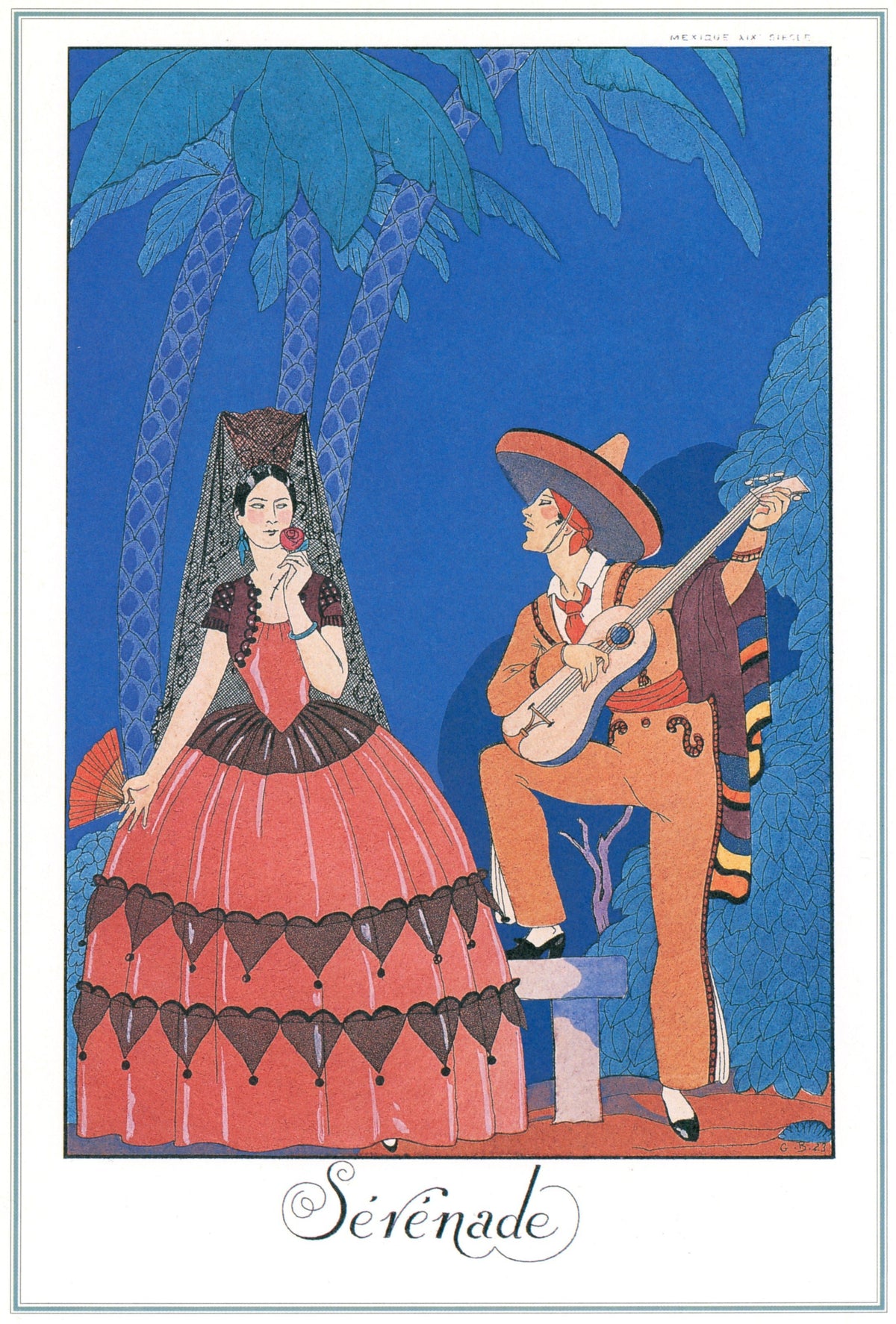 Sérénade by George Barbier — A guitarist serenades a woman with a rose beneath palm trees