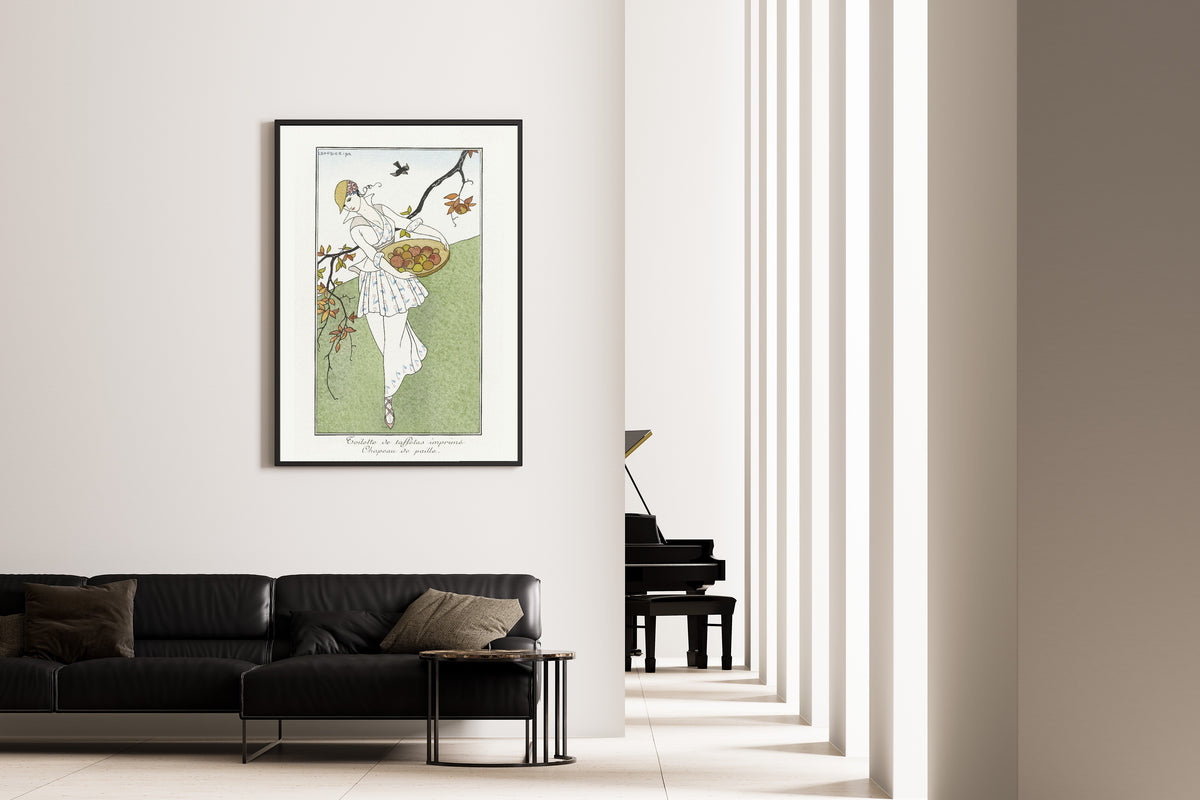 Toilette de taffetas imprimé, Chapeau de paille [Printed taffeta dress, straw hat] by George Barbier — framed on the wall of a minimal living room