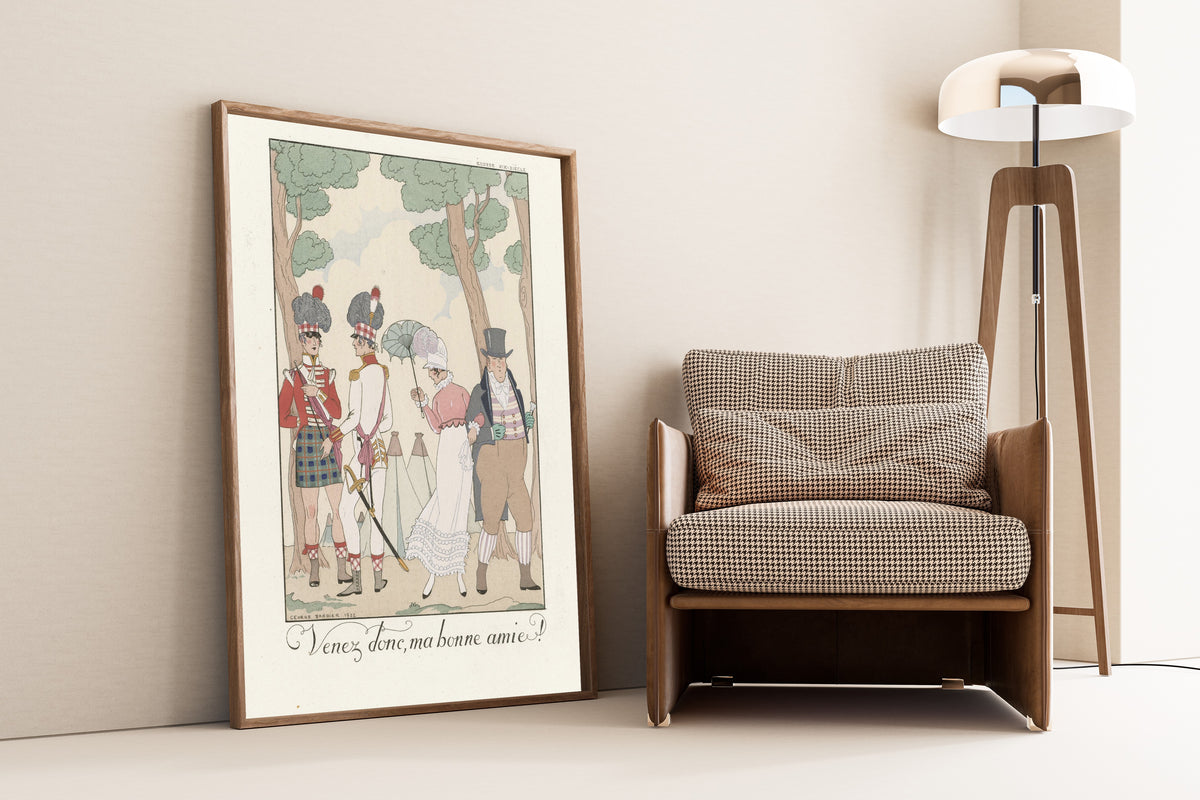 Venez donc, ma bonne amie! by George Barbier — framed and leaning against a wall beside an armchair and a floor lamp