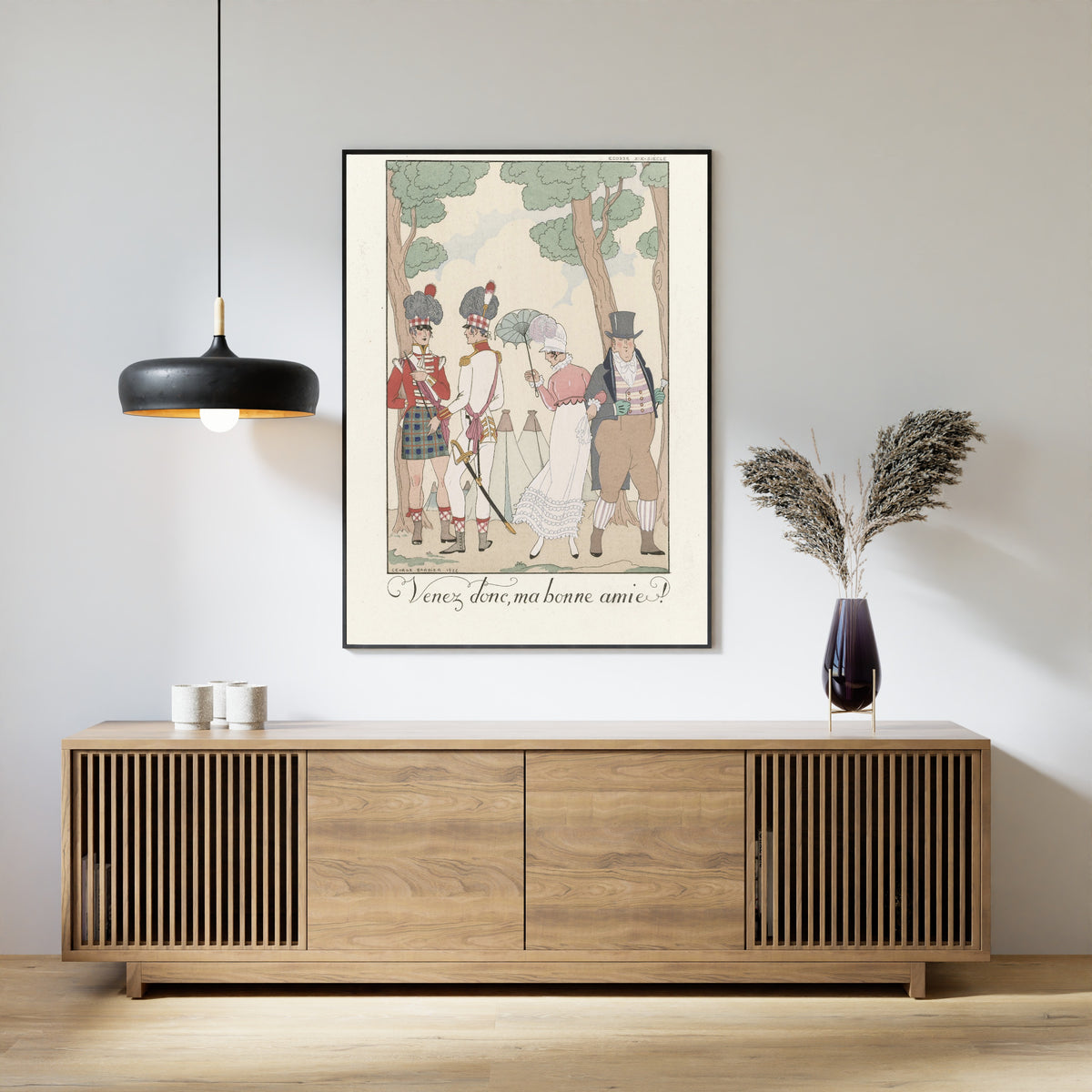 Venez donc, ma bonne amie! by George Barbier — framed above a slatted wood sideboard