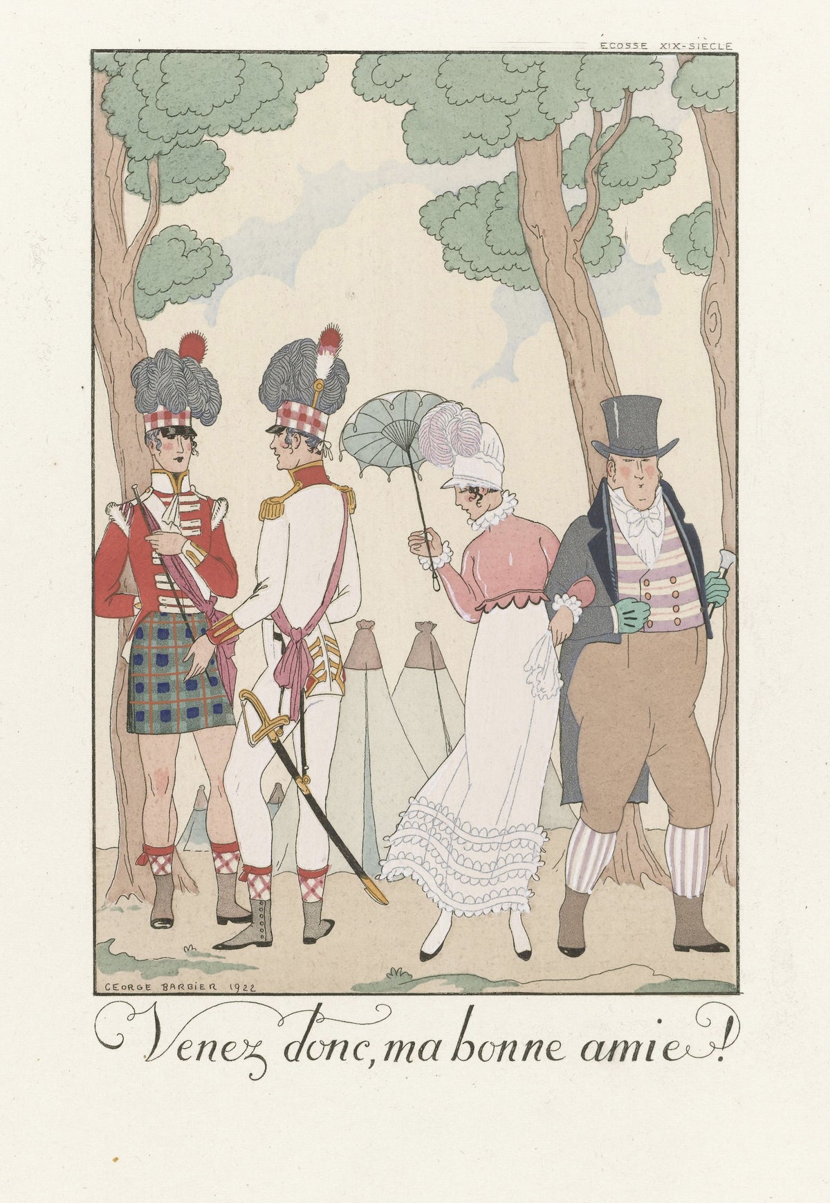 Venez donc, ma bonne amie! by George Barbier — Highland soldiers and a parasol-shaded couple gather beneath the trees
