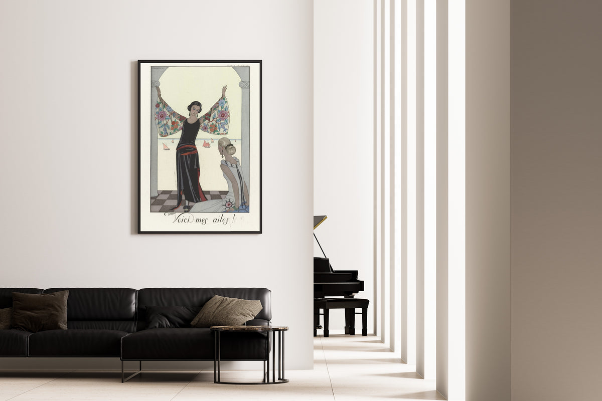 Voici mes ailes! by George Barbier — framed on the wall of a minimal living room