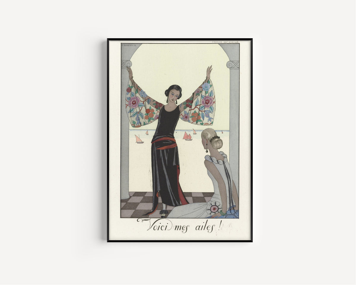 Voici mes ailes! by George Barbier — in a slim black frame on a plain white wall