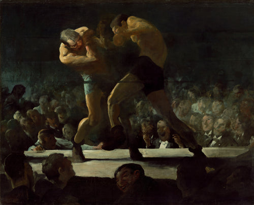 Club Night by George Bellows — Two boxers locked together above a crowd of lamplit faces