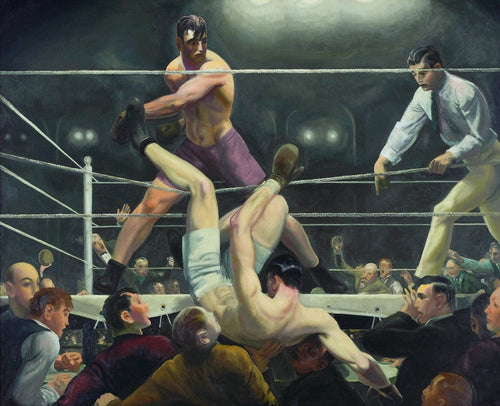 Dempsey and Firpo by George Bellows — A boxer knocked clean through the ropes into the ringside seats