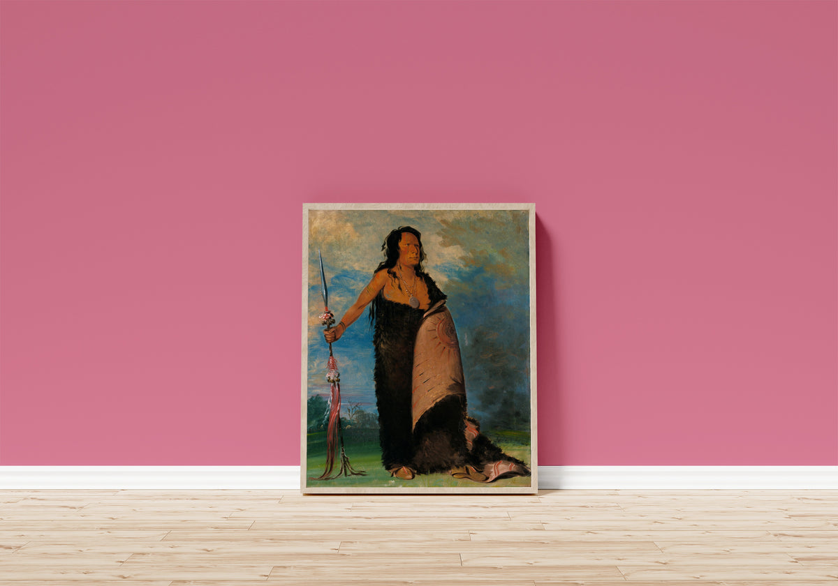 Framed art print of Shoo-de-gá-cha, The Smoke, Chief of the Tribe by George Catlin, in a light wood frame leaning on a pink wall above a wooden floor