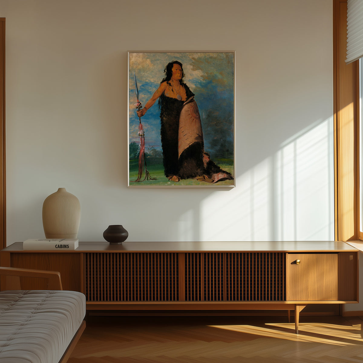 Framed art print of Shoo-de-gá-cha, The Smoke, Chief of the Tribe by George Catlin, in a thin light frame on a sunlit wall above a wooden sideboard