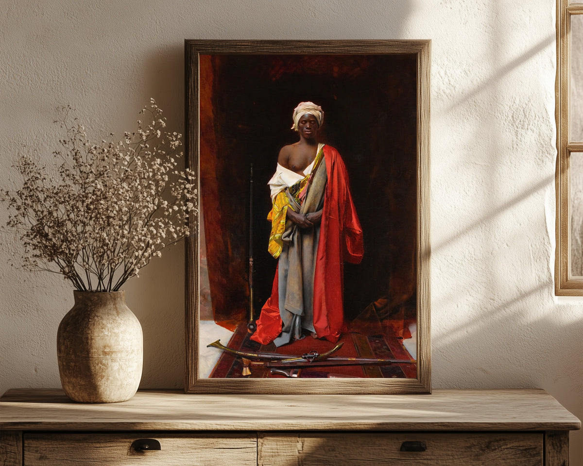 Framed art print of A Consecration of Arms by George Seymour, in a dark wood frame leaning on a rustic console beside dried flowers