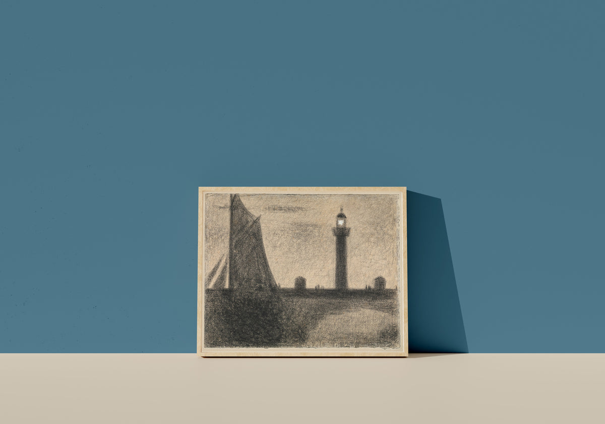 Framed art print of The Lighthouse at Honfleur (Dark Sail) by Georges Seurat, in a light wood frame leaning on a blue wall