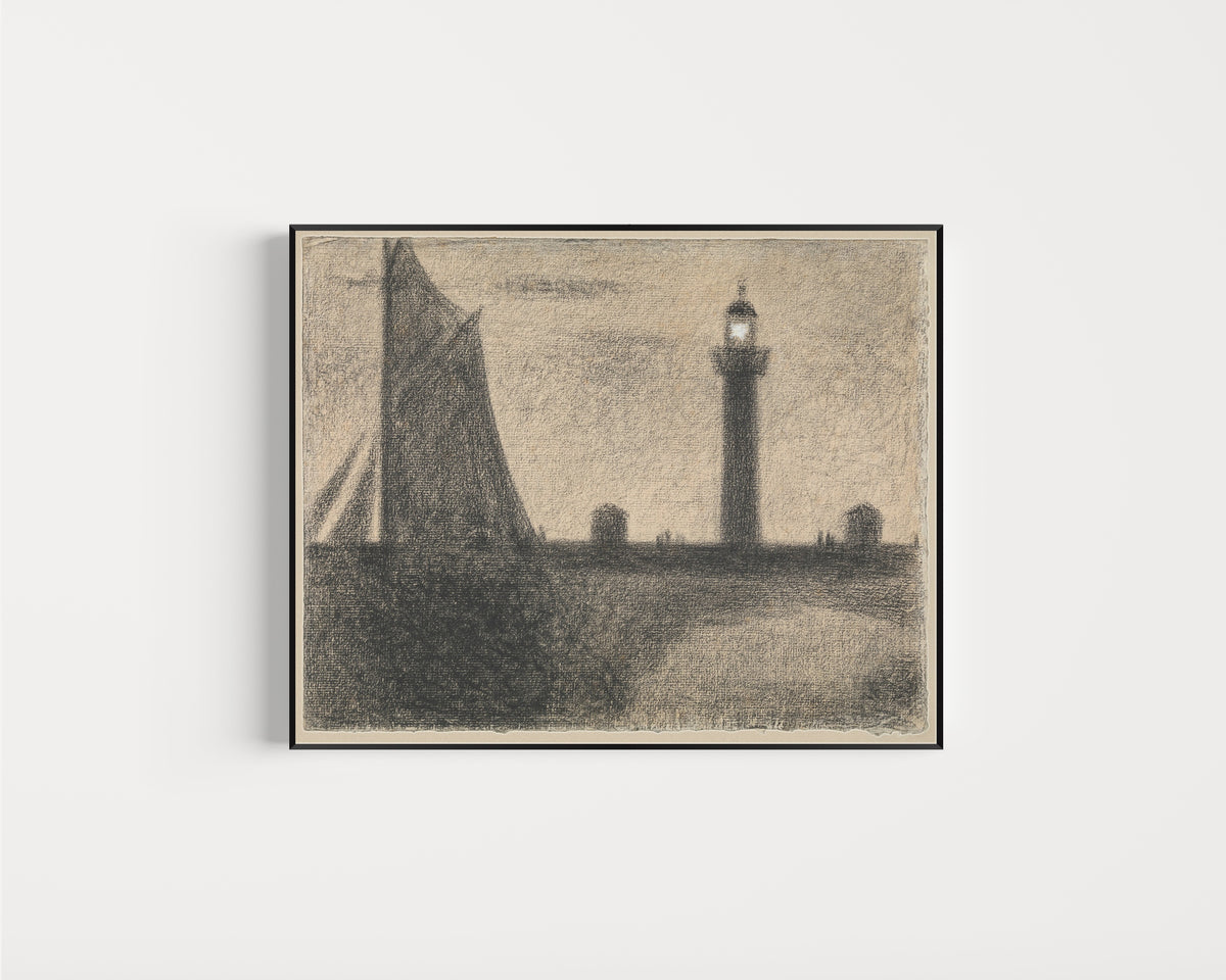Framed art print of The Lighthouse at Honfleur (Dark Sail) by Georges Seurat, in a slim black frame on a plain white wall