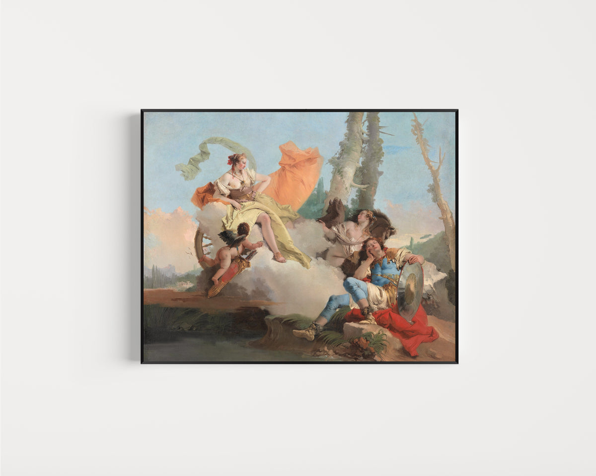 Framed art print of Armida Encounters the Sleeping Rinaldo by Giovanni Battista Tiepolo, in a slim black frame on a plain white wall
