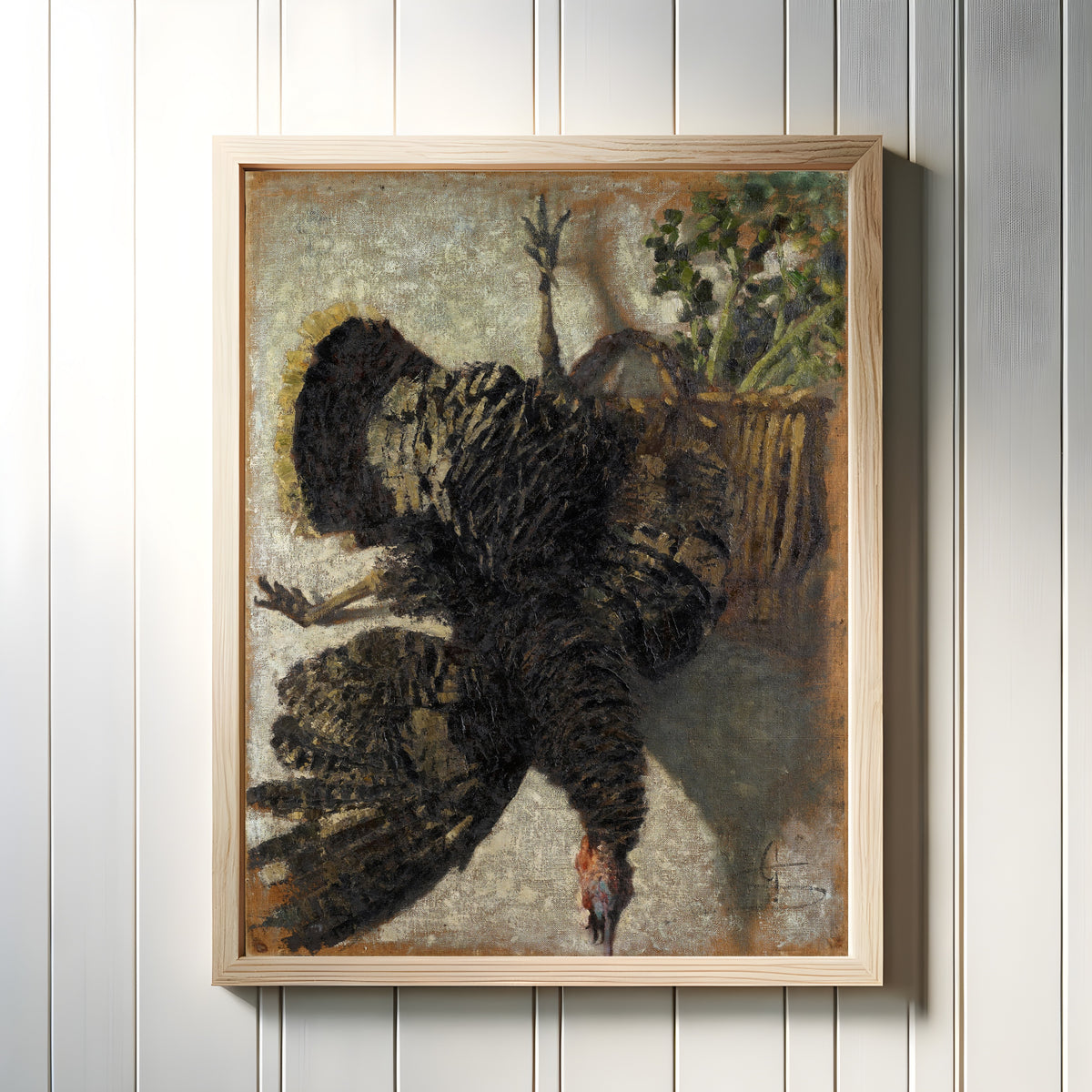 Framed art print of Suspended Turkey by Giovanni Segantini, in a light wood frame on a white panelled wall