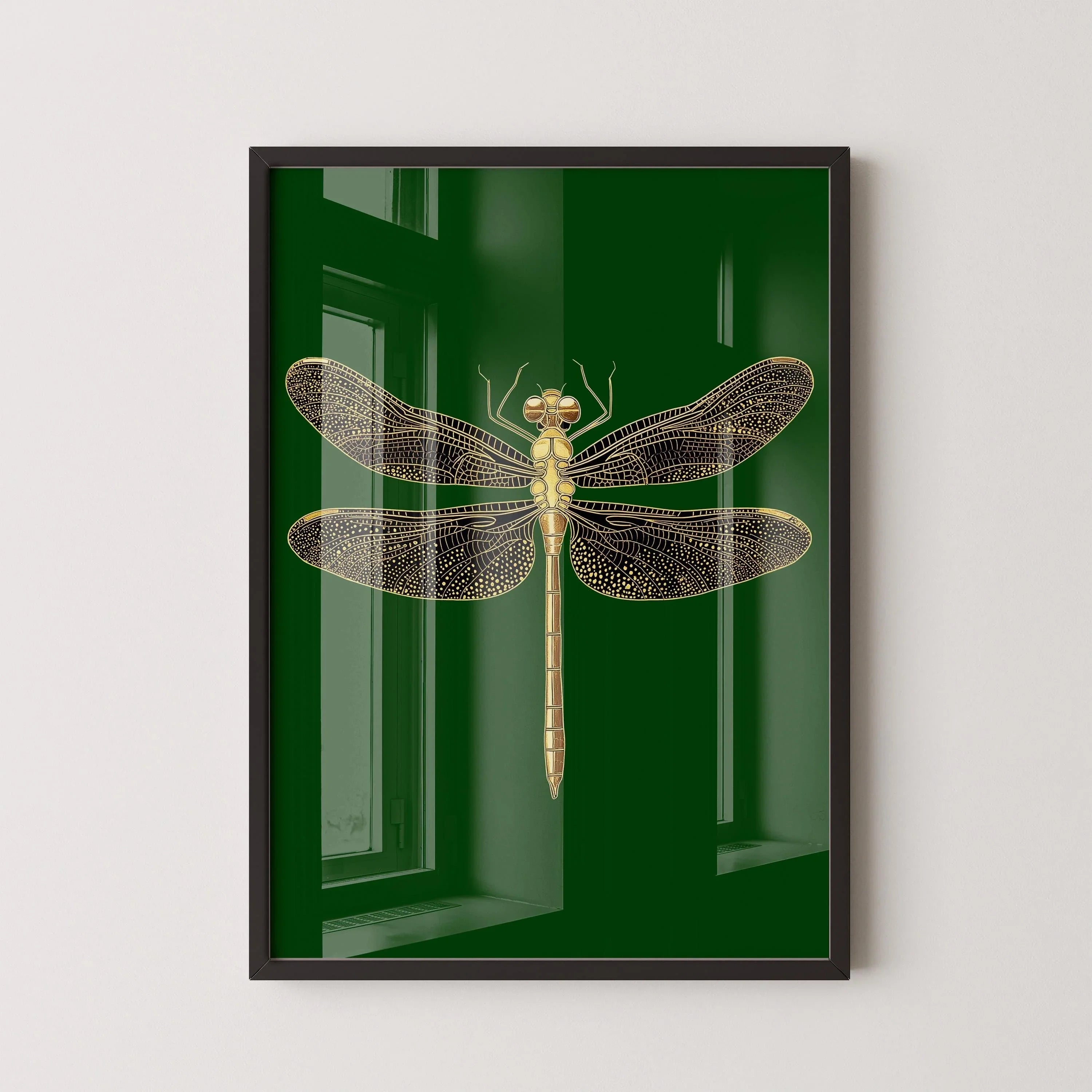 Gold Dragonfly Art Print: Emerald Green Dark Academia Style - 9ArtPrints
