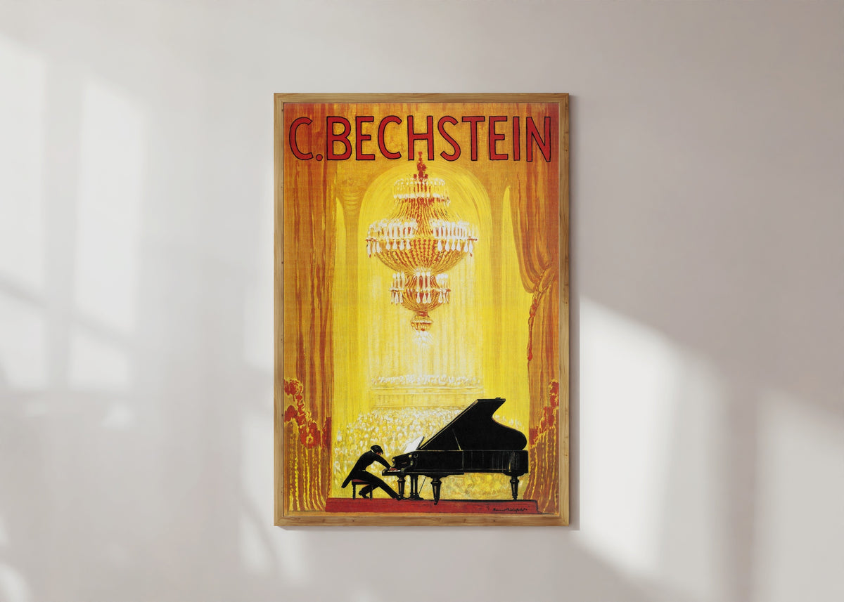 Framed art print of Vintage Art Deco Music Advertising Poster Print, in a light wood frame on a sunlit white wall