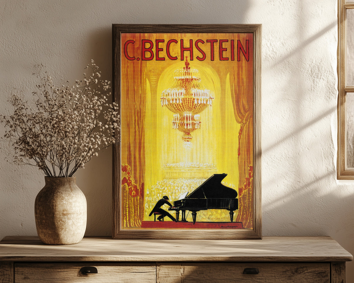 Framed art print of Vintage Art Deco Music Advertising Poster Print, in a dark wood frame leaning on a rustic console beside dried flowers