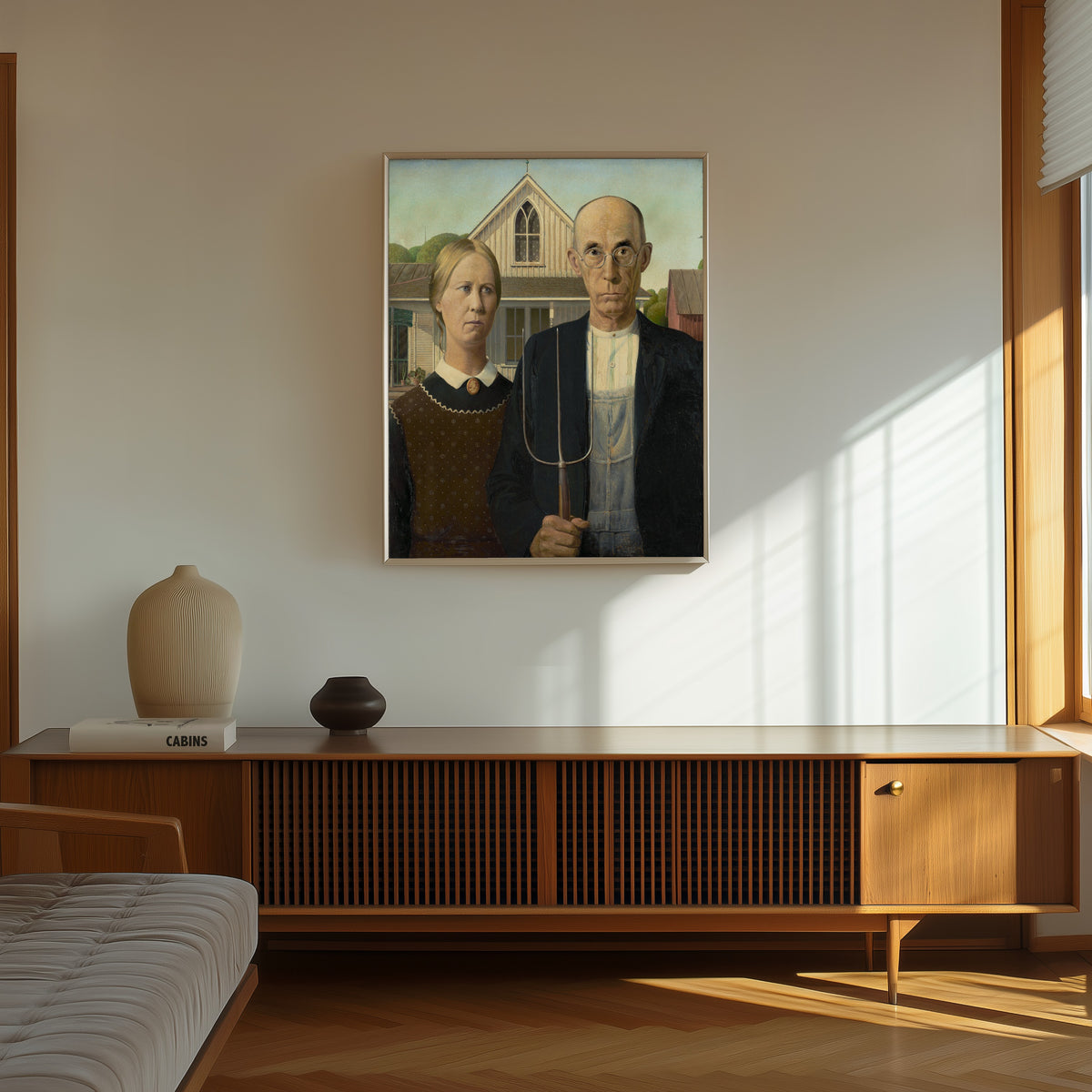 Framed art print of American Gothic by Grant Wood, in a thin light frame on a sunlit wall above a wooden sideboard