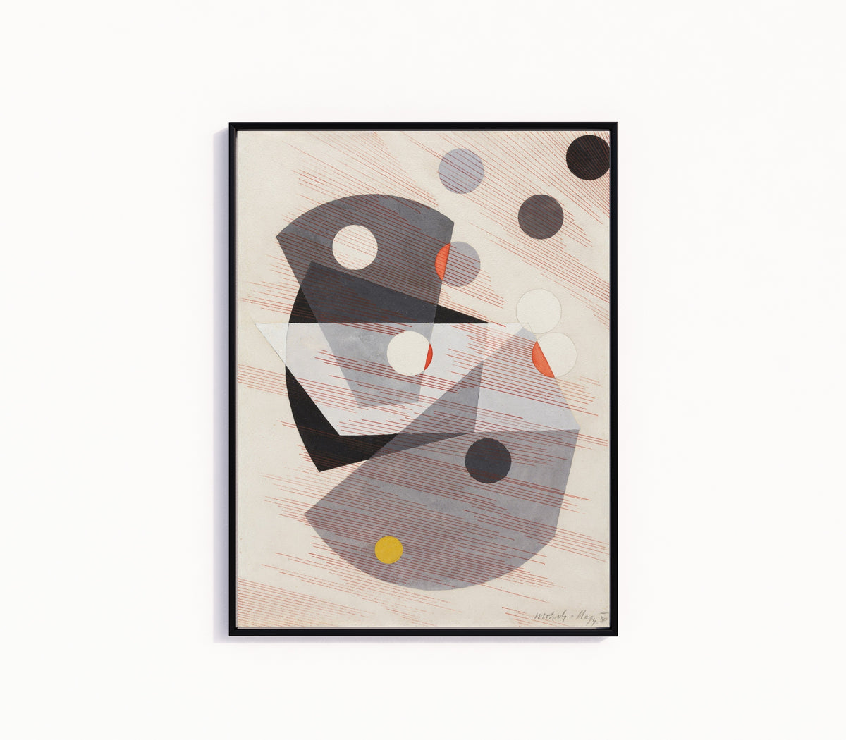 Framed art print of Grey Overlappings by László Moholy-Nagy, in a slim black frame on a plain white wall